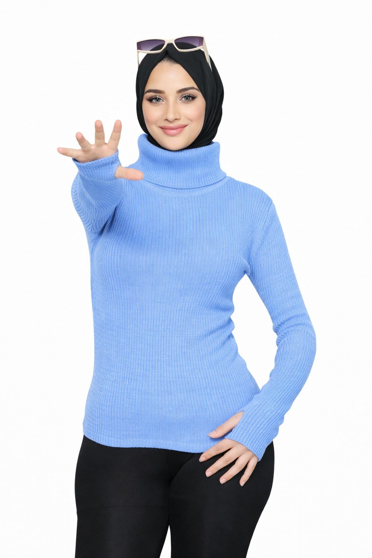 Mavi Balıkçı Yaka Parmak Detaylı Premium Kurtarıcı Body Kazak