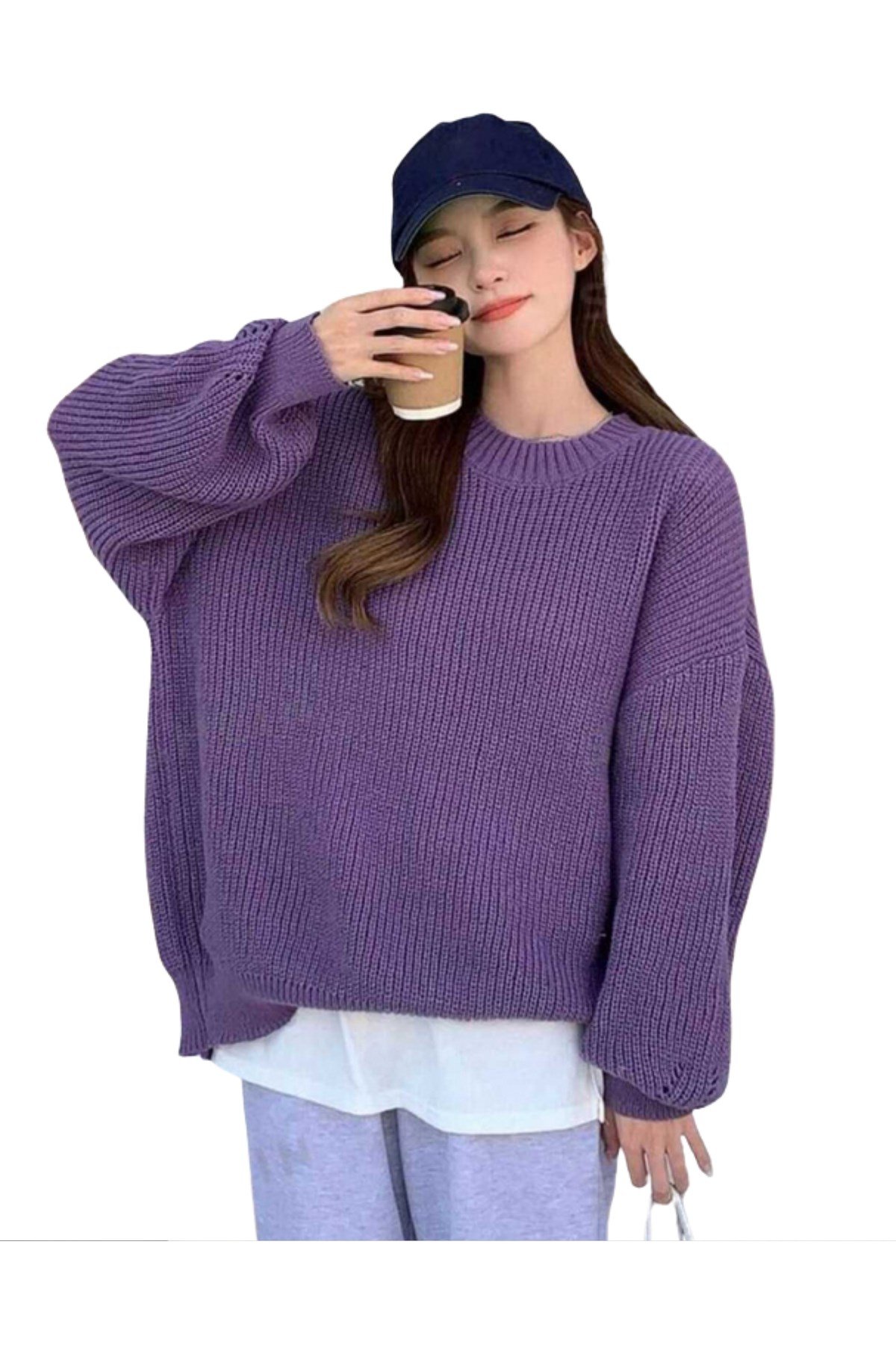 Mor Bisiklet Yaka Oversize Kadın Triko Kazak