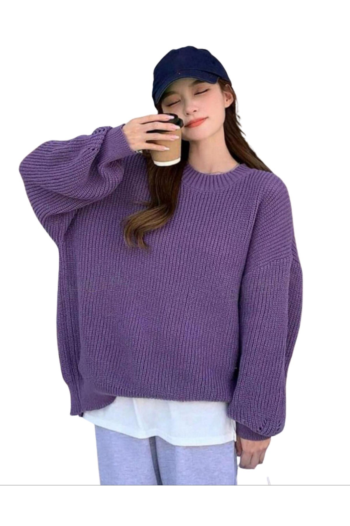 Mor Bisiklet Yaka Oversize Kadın Triko Kazak