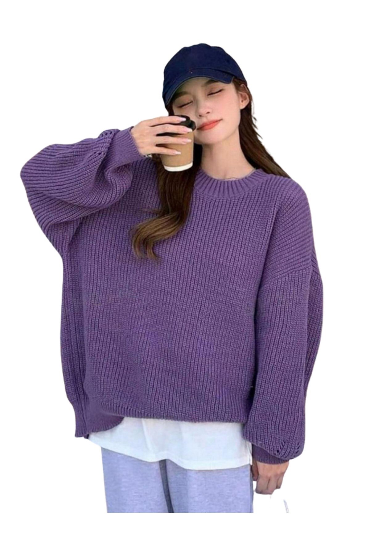 Mor Bisiklet Yaka Oversize Kadın Triko Kazak