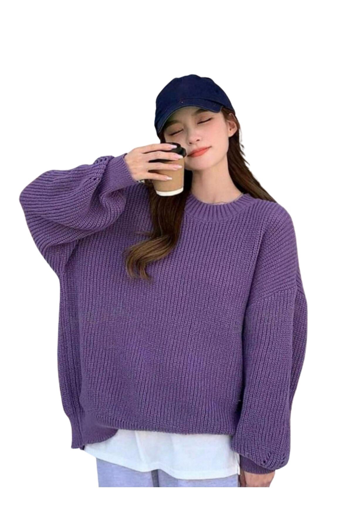 Mor Bisiklet Yaka Oversize Kadın Triko Kazak