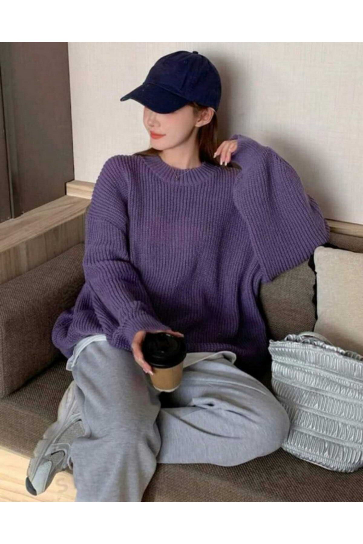 Mor Bisiklet Yaka Oversize Kadın Triko Kazak