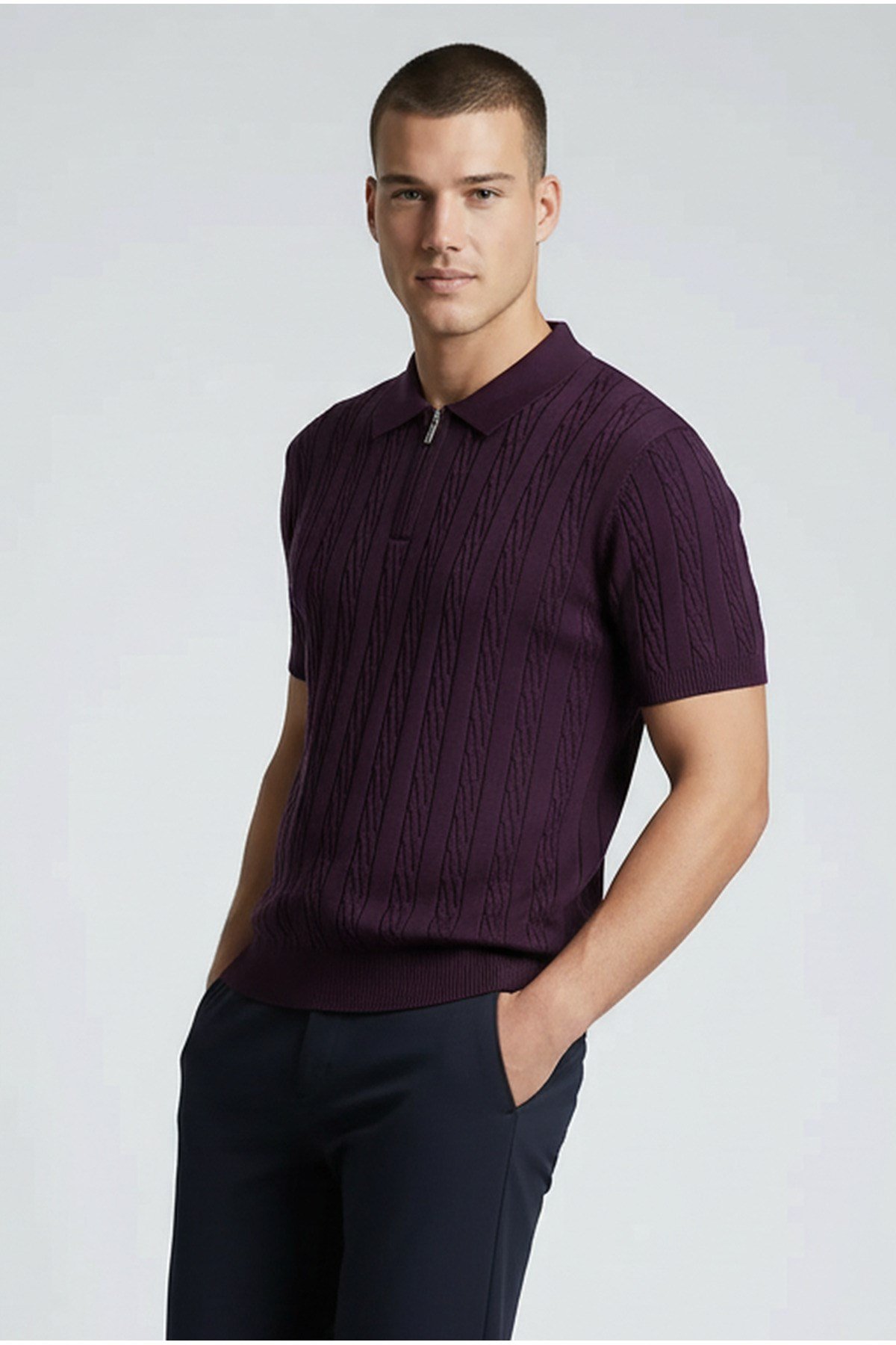 Mürdüm Polo Yaka Yarım Fermuarlı Erkek T-shirt