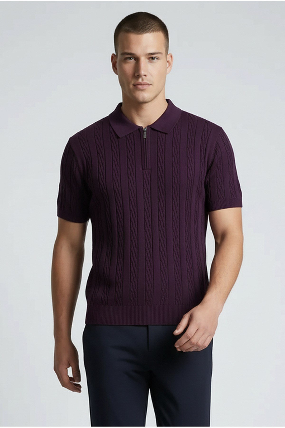 Mürdüm Polo Yaka Yarım Fermuarlı Erkek T-shirt