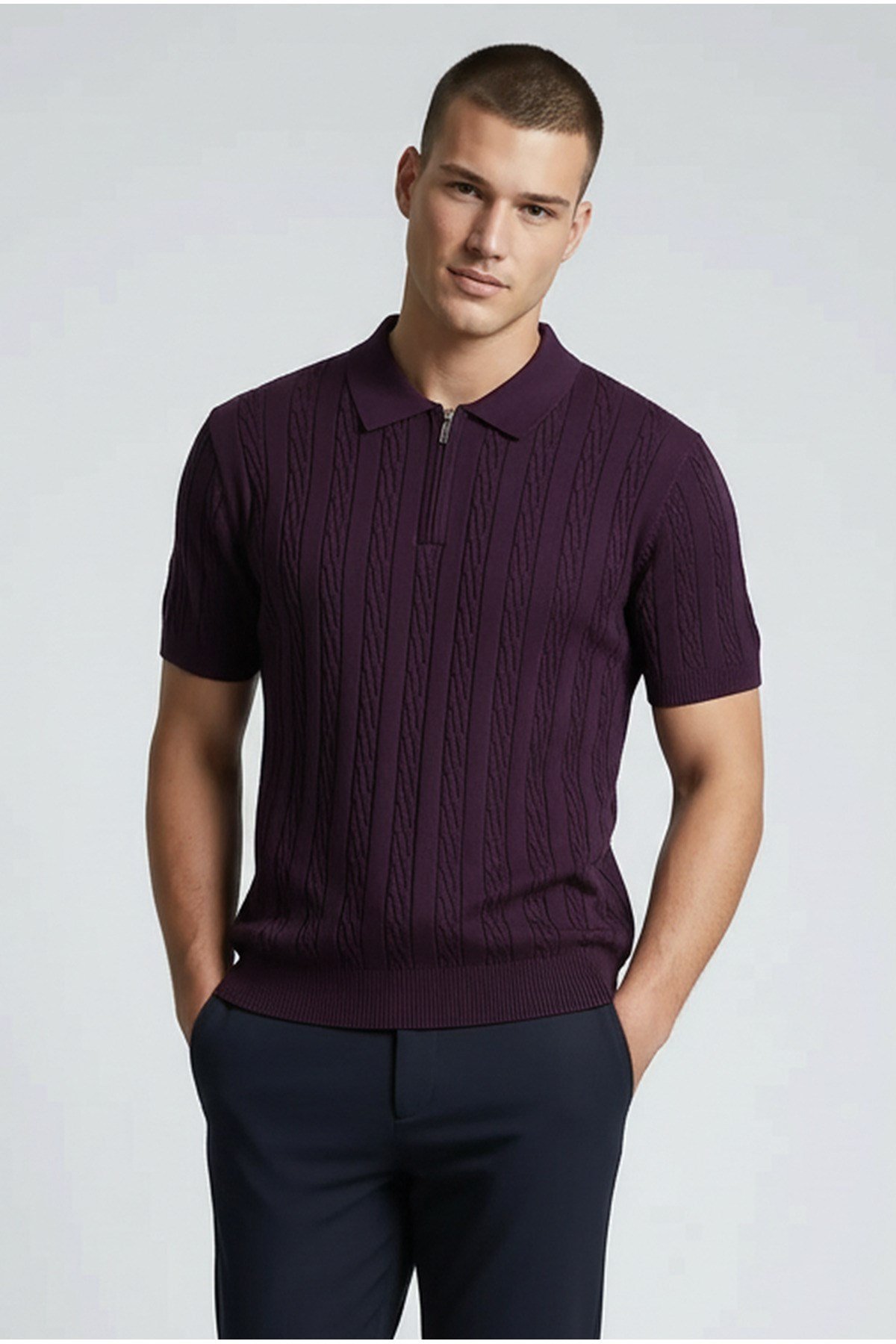 Mürdüm Polo Yaka Yarım Fermuarlı Erkek T-shirt