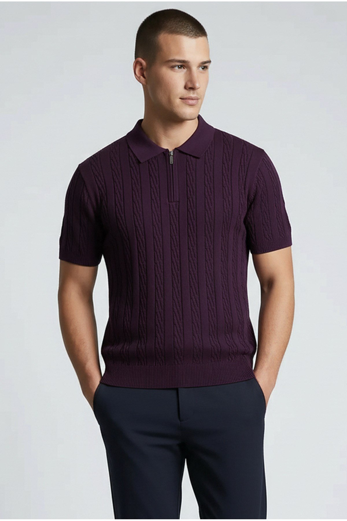 Mürdüm Polo Yaka Yarım Fermuarlı Erkek T-shirt
