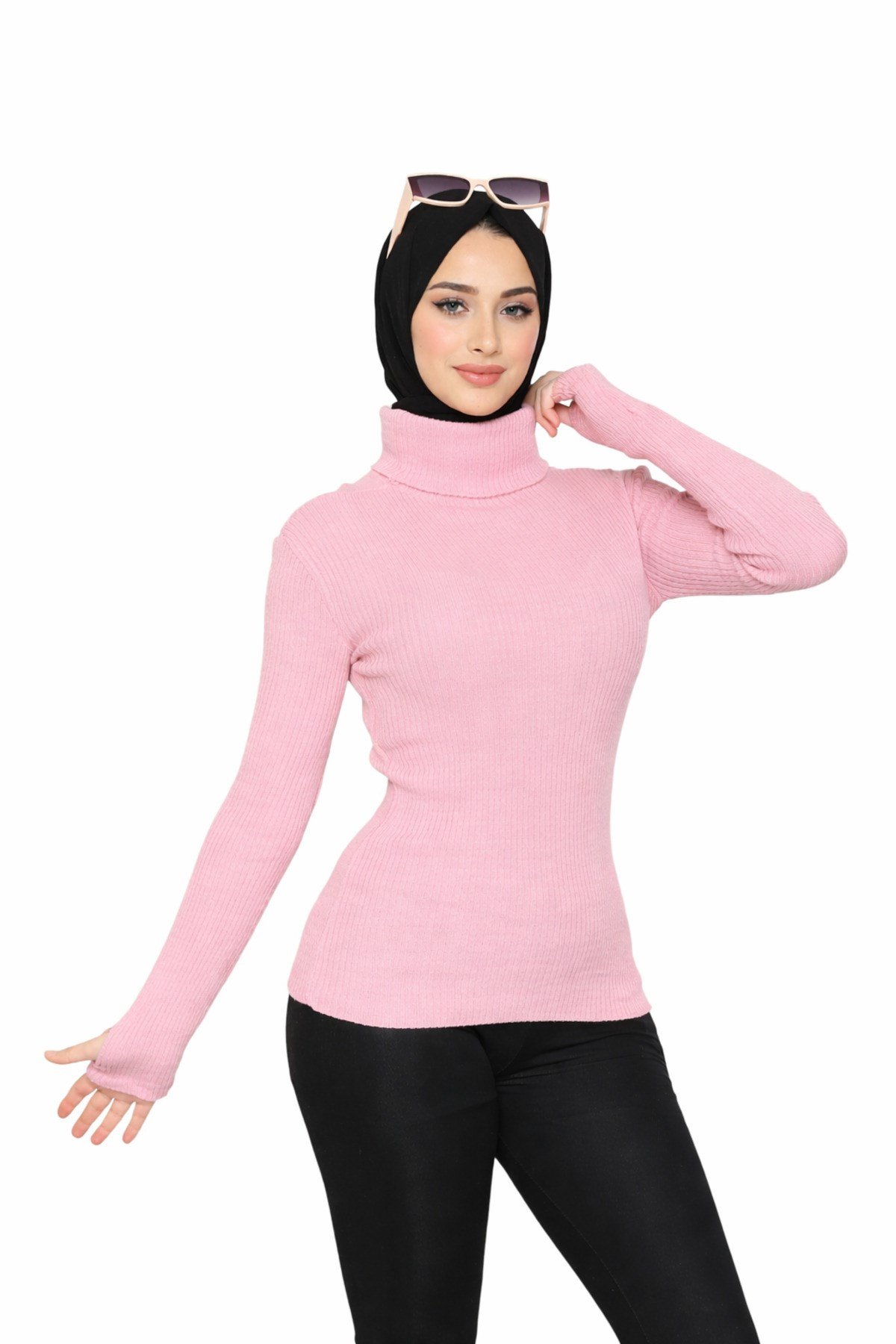Pembe Balıkçı Yaka Parmak Detaylı Premium Kurtarıcı Body Kazak