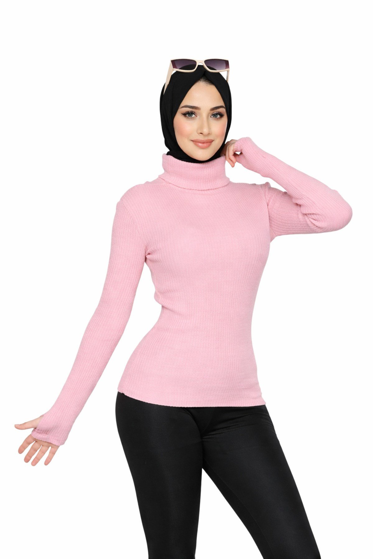 Pembe Balıkçı Yaka Parmak Detaylı Premium Kurtarıcı Body Kazak