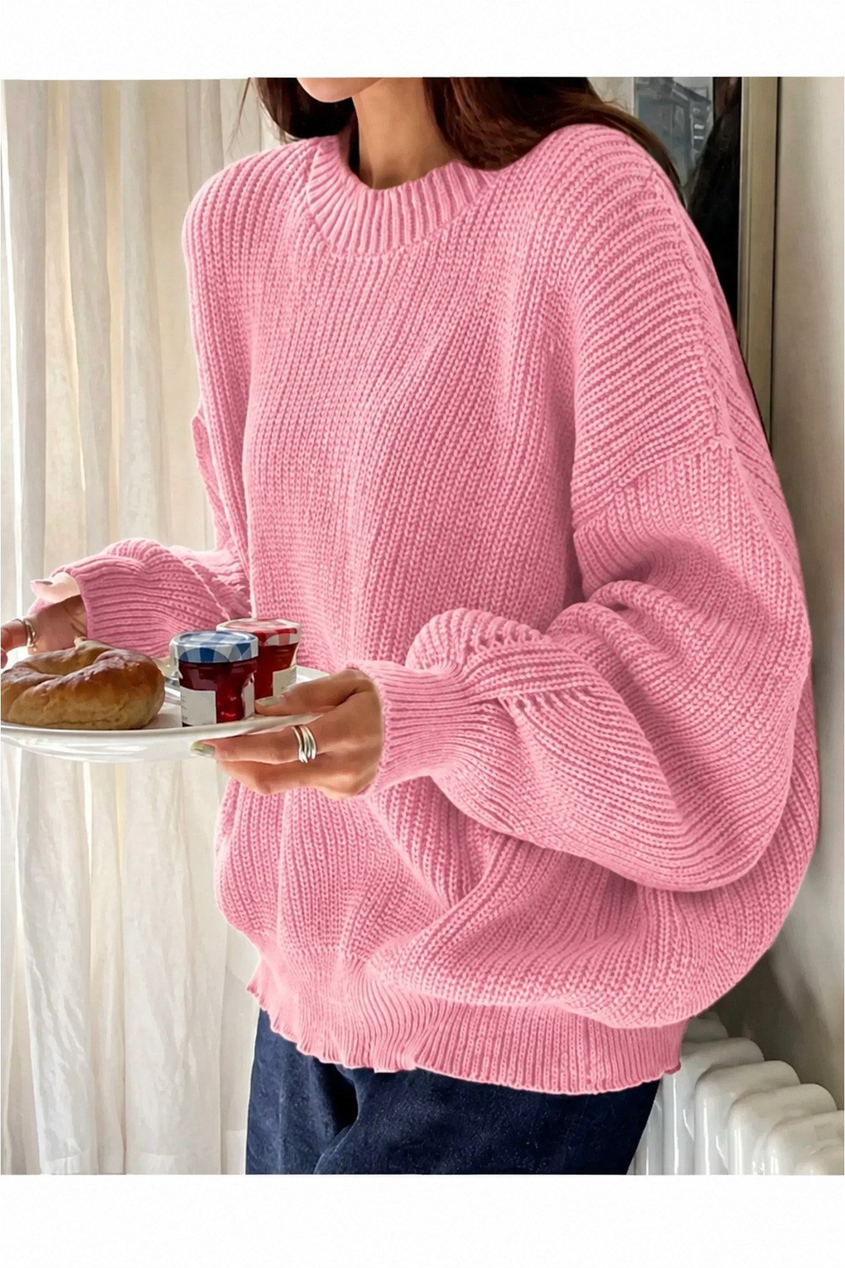 Pembe Bisiklet Yaka Oversize Kadın Triko Kazak