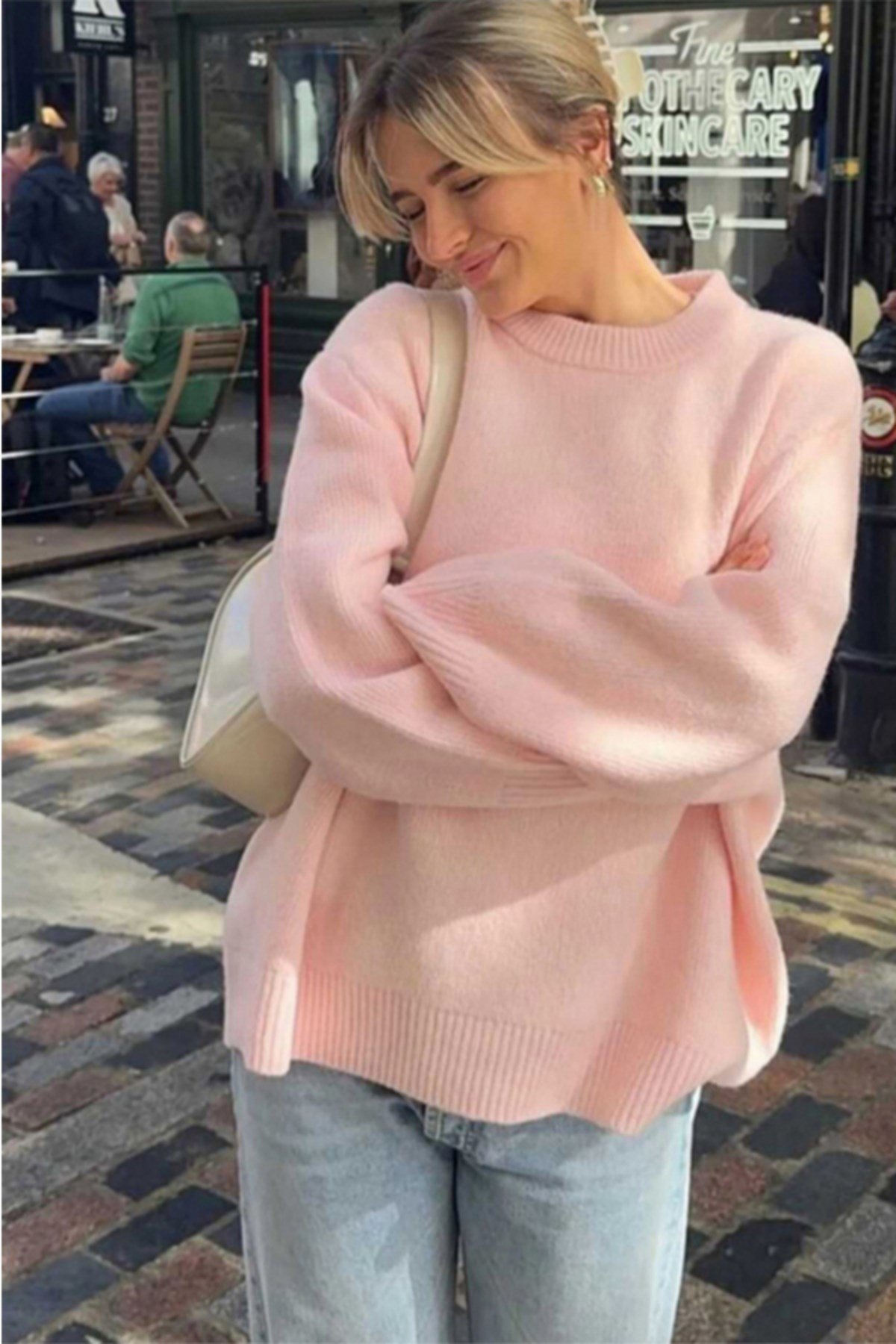 Pembe Bisiklet Yaka Oversize Kadın Triko Kazak