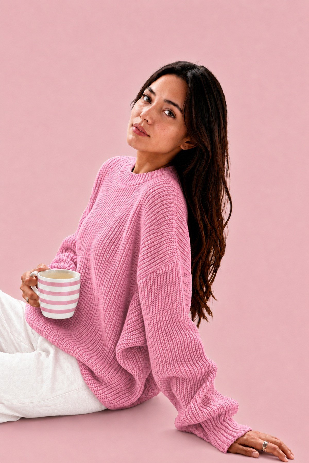 Pembe Bisiklet Yaka Oversize Kadın Triko Kazak