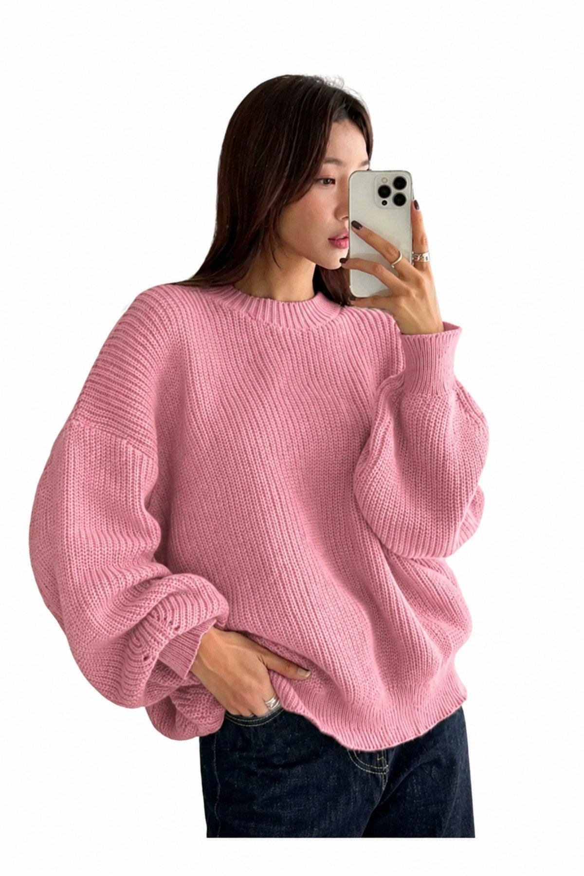 Pembe Bisiklet Yaka Oversize Kadın Triko Kazak