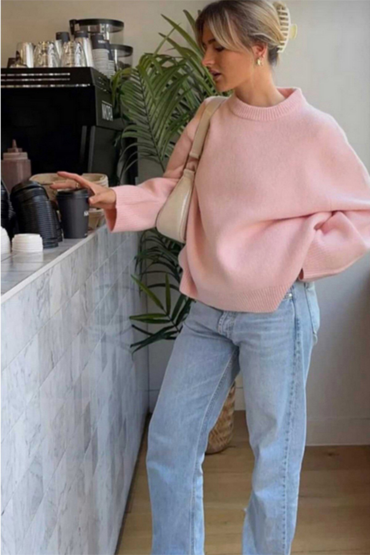 Pembe Bisiklet Yaka Oversize Kadın Triko Kazak