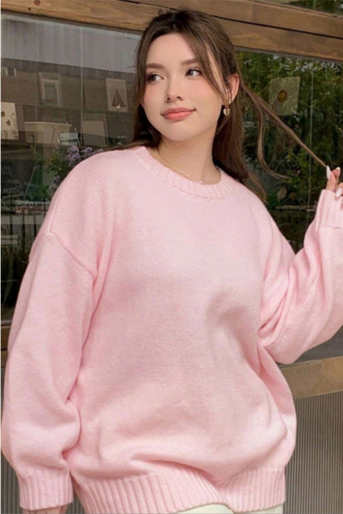 Pembe Bisiklet Yaka Oversize Kadın Triko Kazak