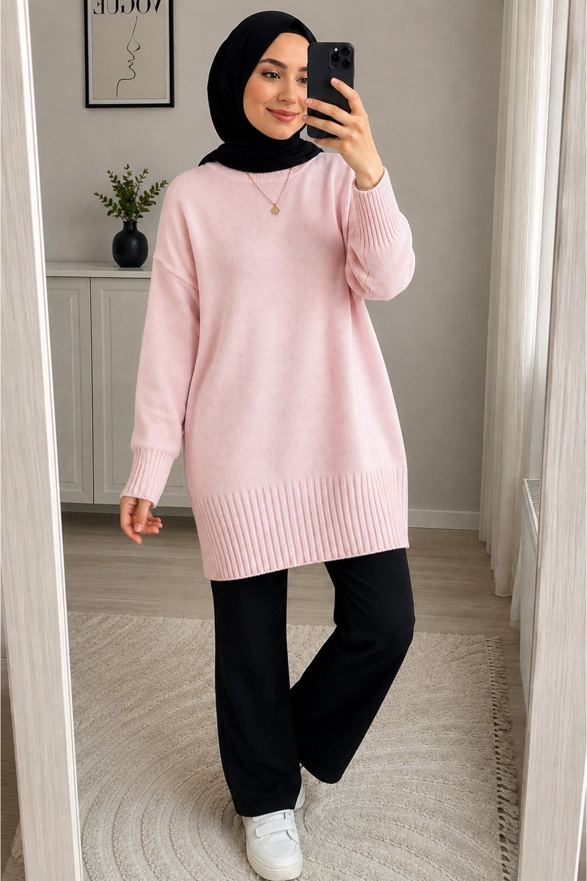 Pembe Bisiklet Yaka Oversize Triko Kazak Tunik