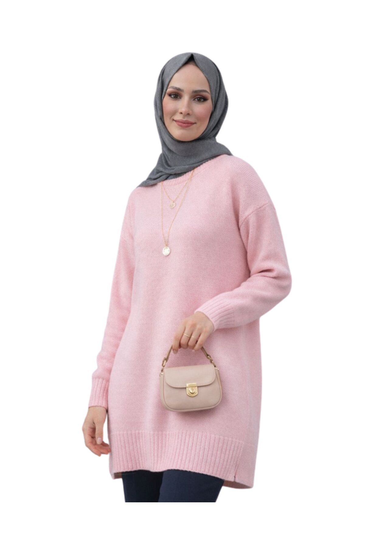Pembe Bisiklet Yaka Oversize Triko Kazak Tunik