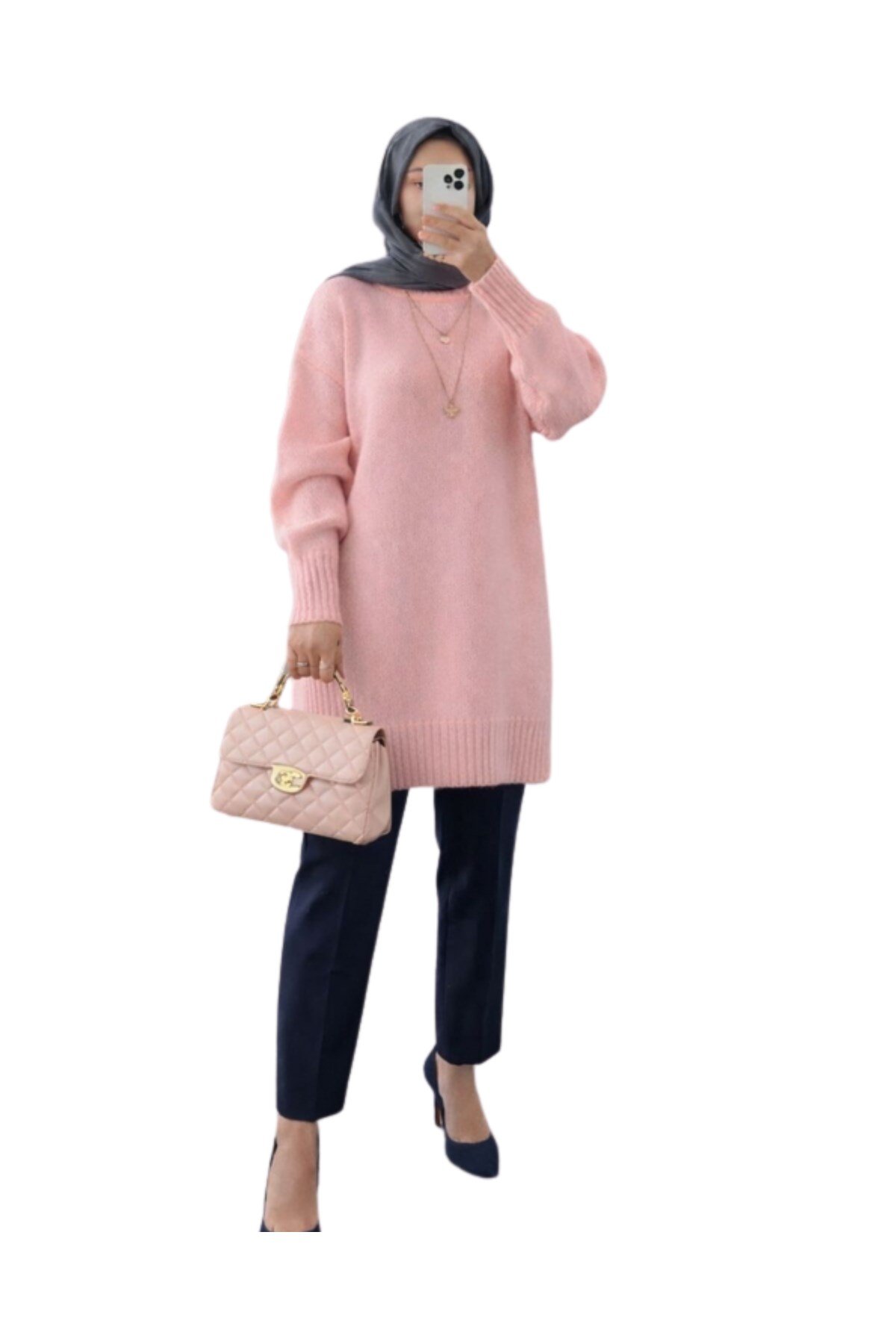 Pembe Bisiklet Yaka Oversize Triko Kazak Tunik