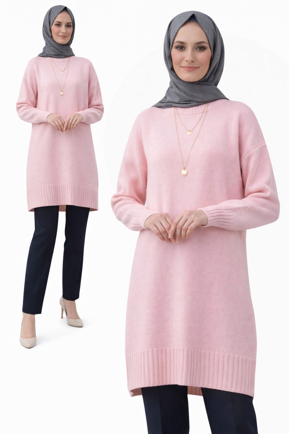 Pembe Bisiklet Yaka Oversize Triko Kazak Tunik