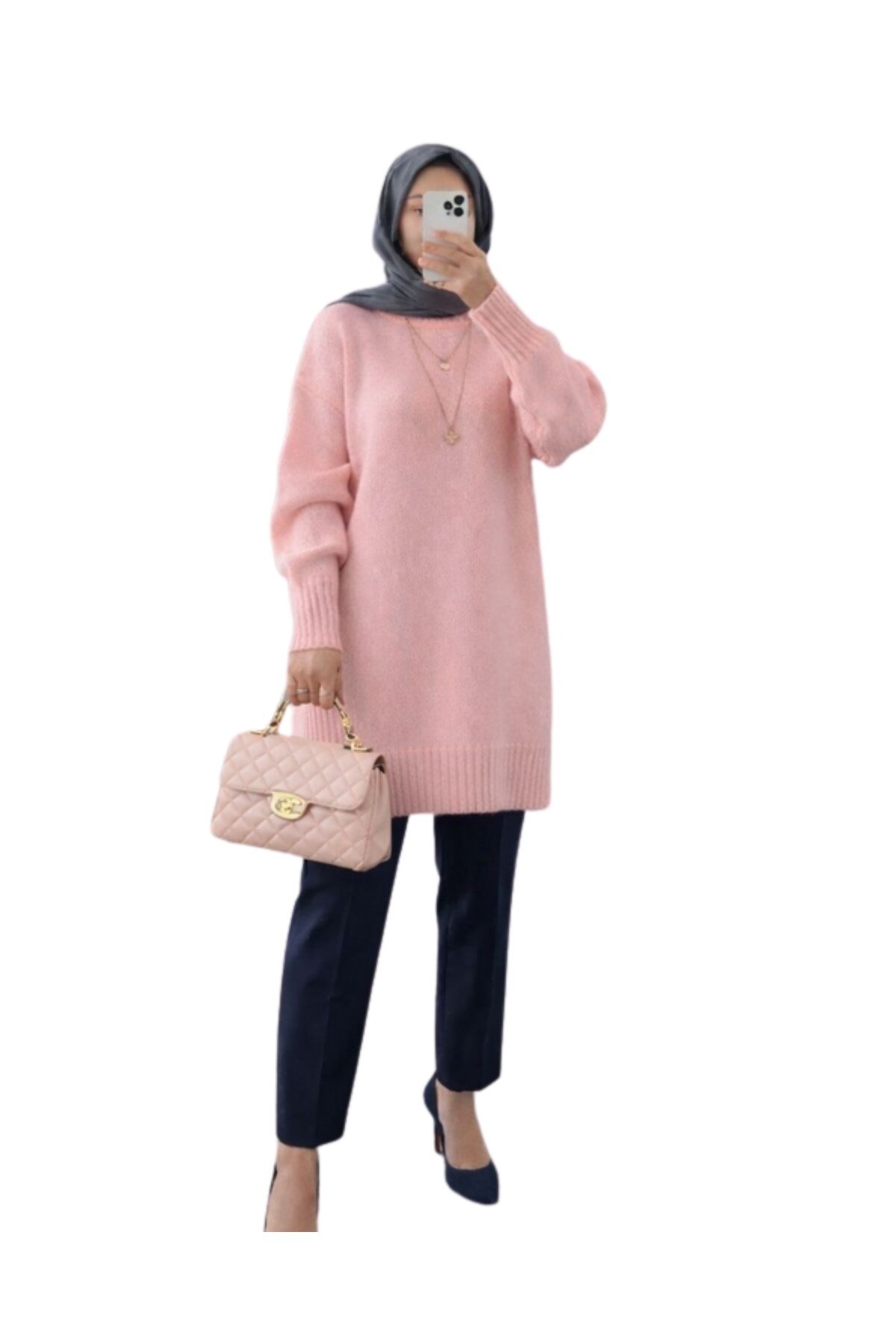 Pembe Bisiklet Yaka Oversize Triko Kazak Tunik
