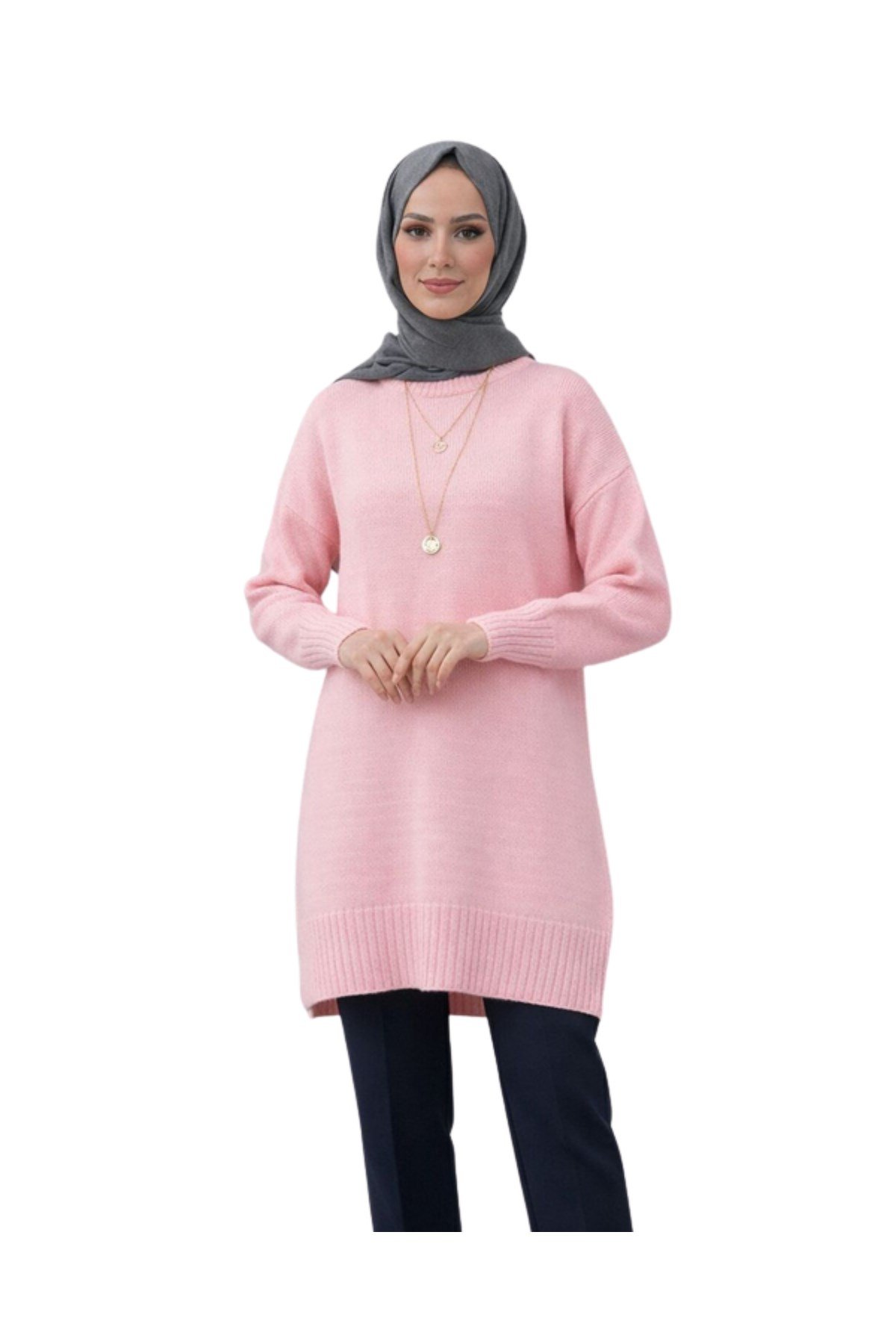 Pembe Bisiklet Yaka Oversize Triko Kazak Tunik