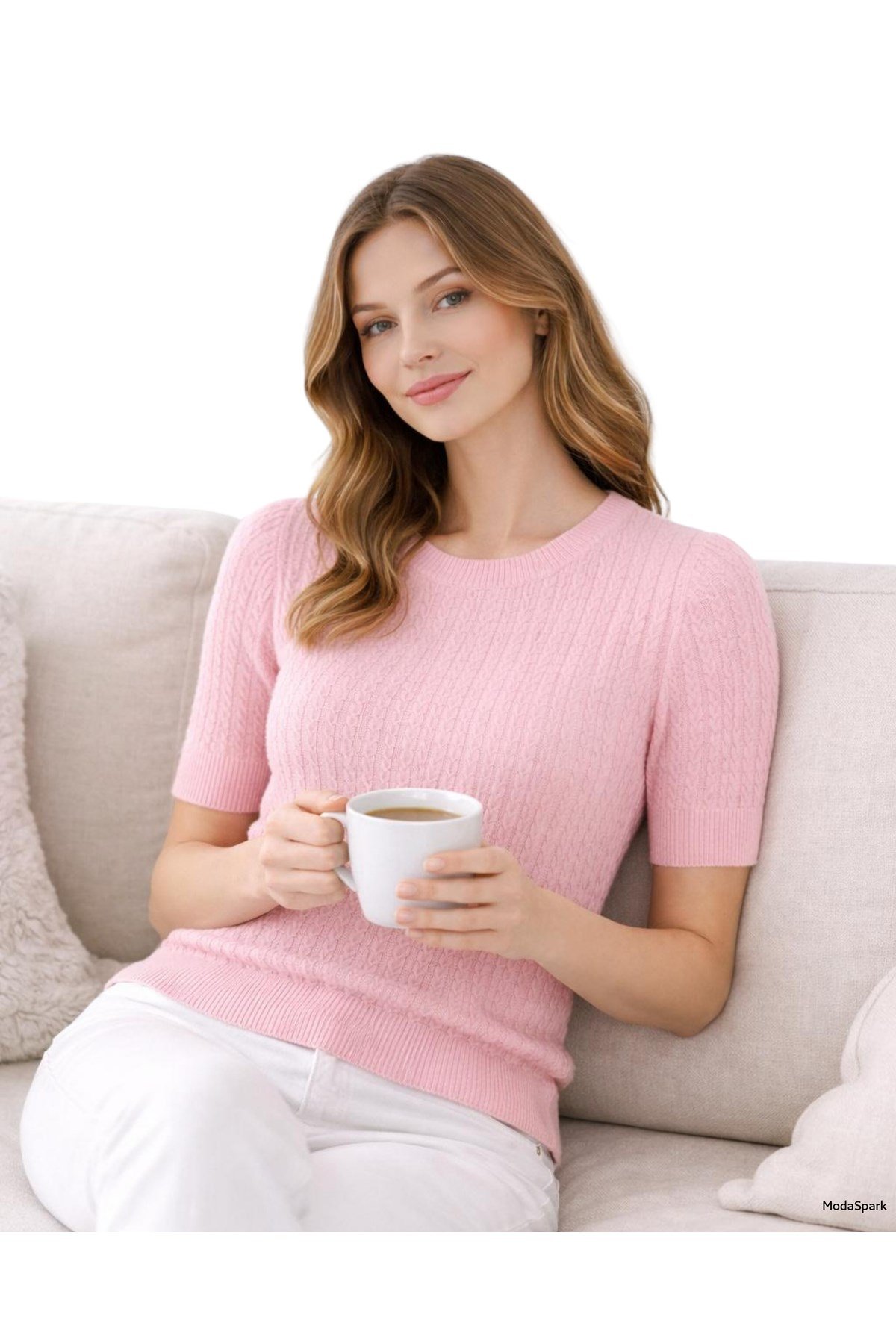 Pembe Kısa Kollu Bisiklet Yaka Slim Fit Kadın Kazak