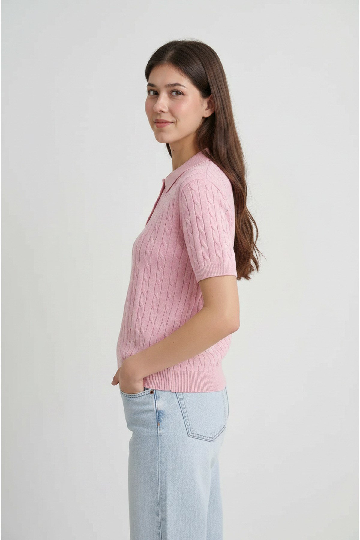 Pembe Polo Yaka Kısa Kollu Düğmeli Örgü Desenli Kadın Yazlık Triko Kazak