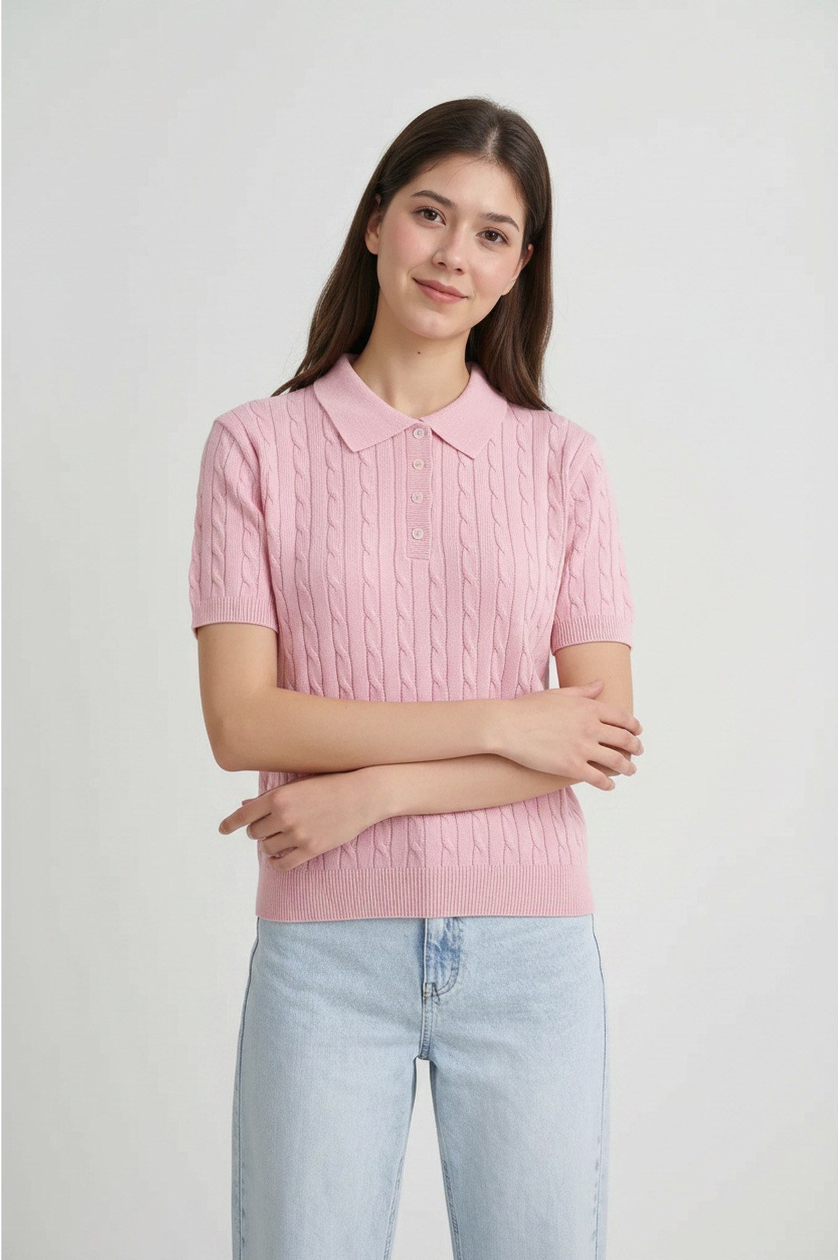 Pembe Polo Yaka Kısa Kollu Düğmeli Örgü Desenli Kadın Yazlık Triko Kazak