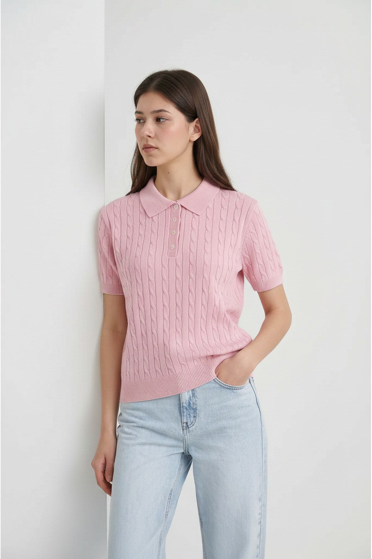 Pembe Polo Yaka Kısa Kollu Düğmeli Örgü Desenli Kadın Yazlık Triko Kazak