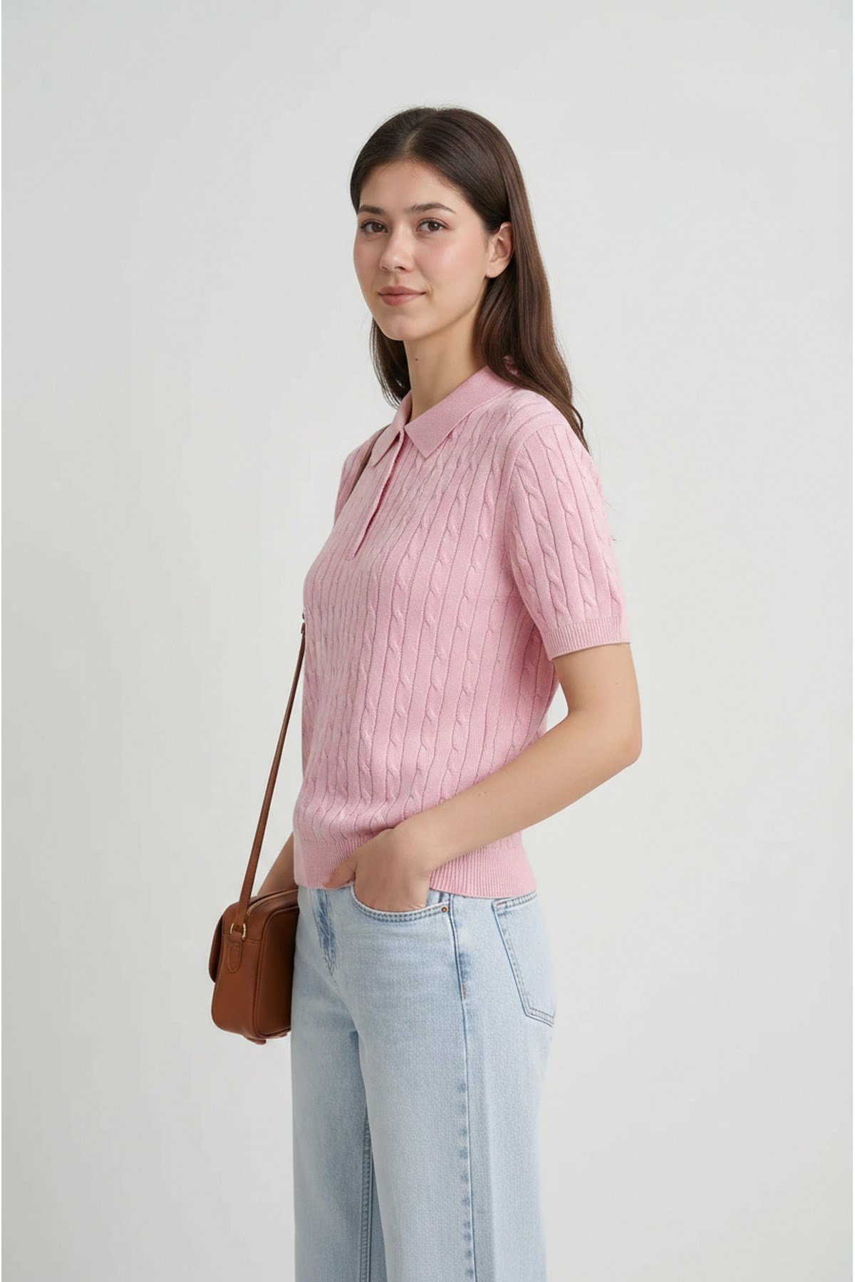 Pembe Polo Yaka Kısa Kollu Düğmeli Örgü Desenli Kadın Yazlık Triko Kazak