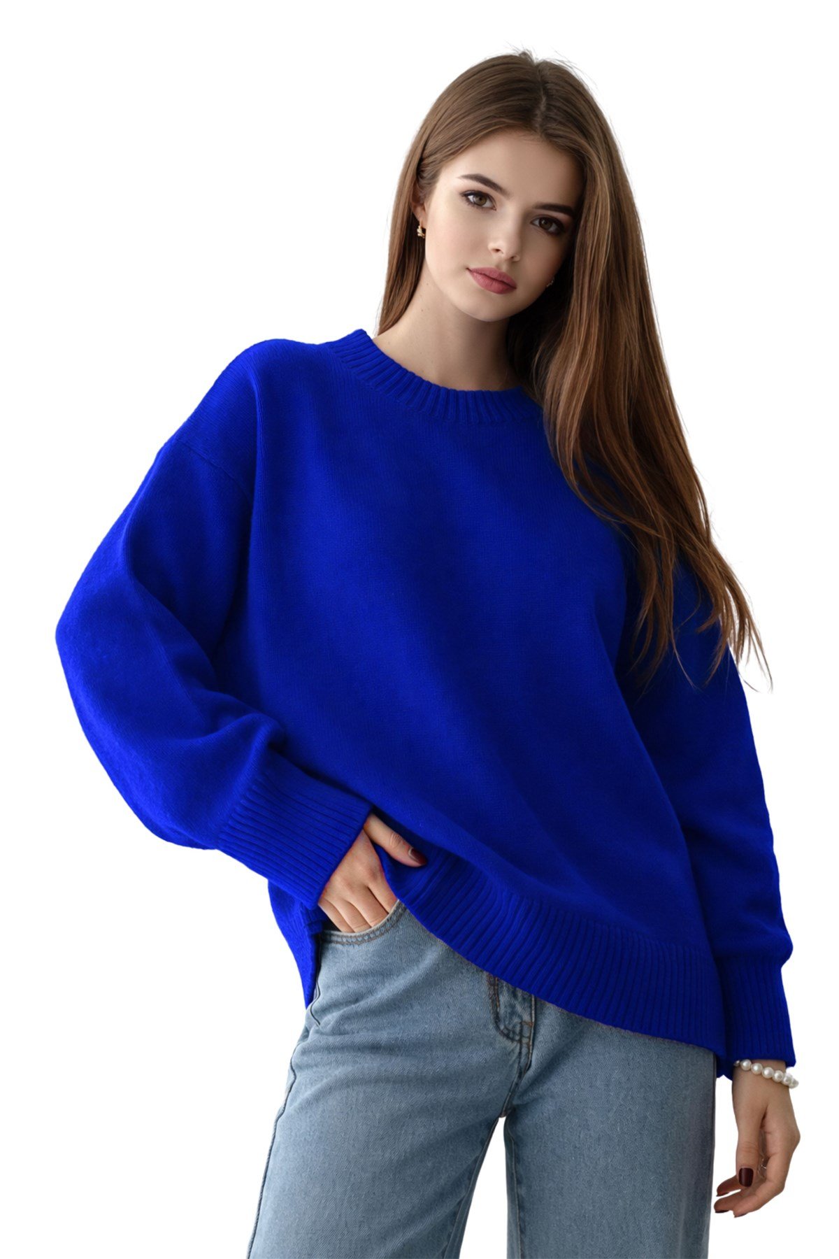 Saks Mavi Bisiklet Yaka Oversize Kadın Triko Kazak