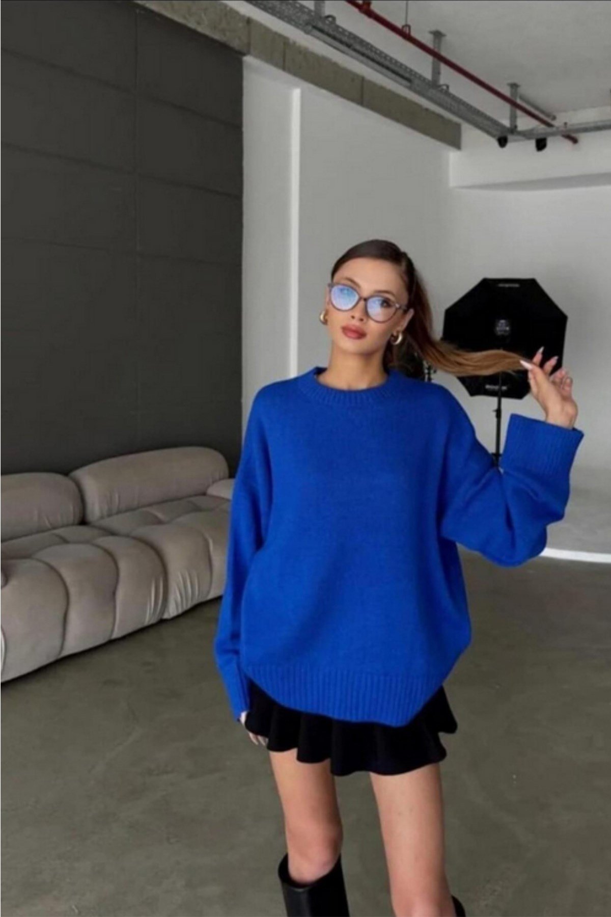Saks Mavi Bisiklet Yaka Oversize Kadın Triko Kazak