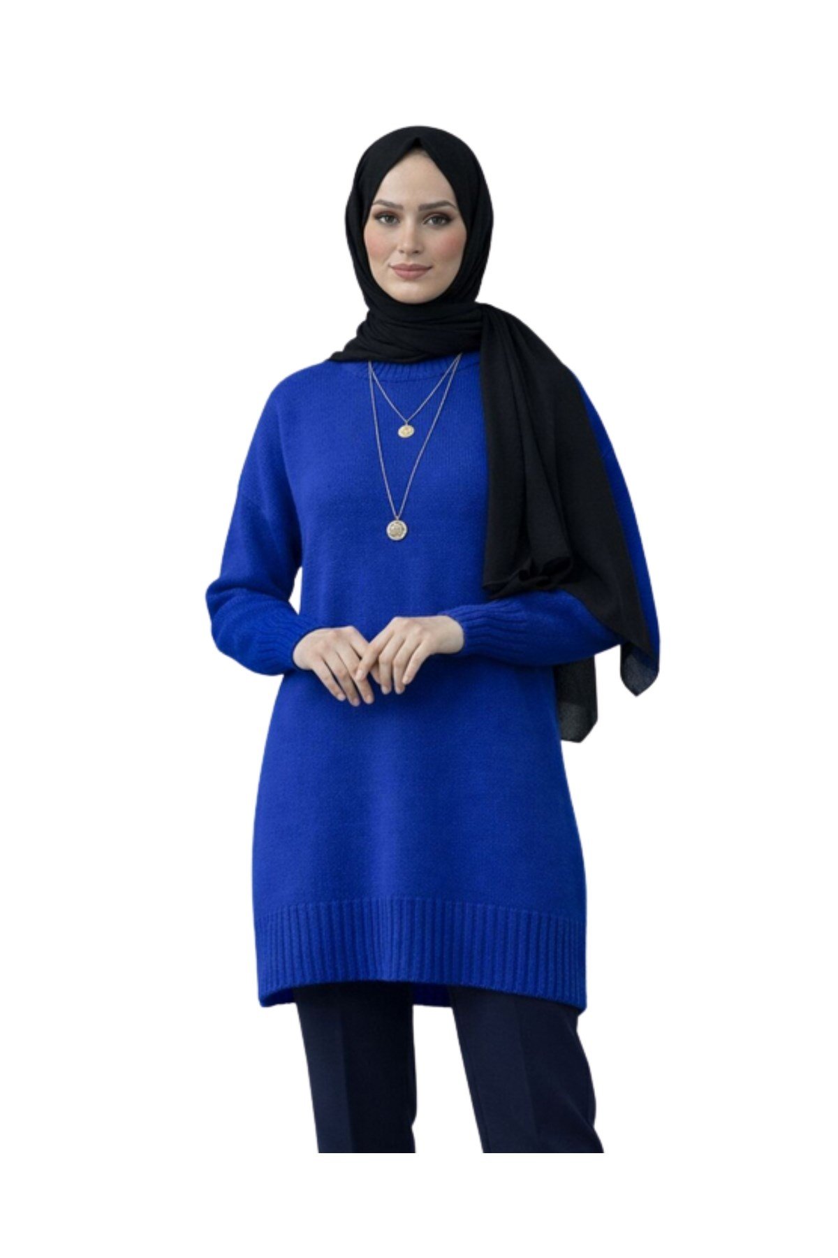 Saks Mavi Bisiklet Yaka Oversize Kadın Triko Kazak Tunik