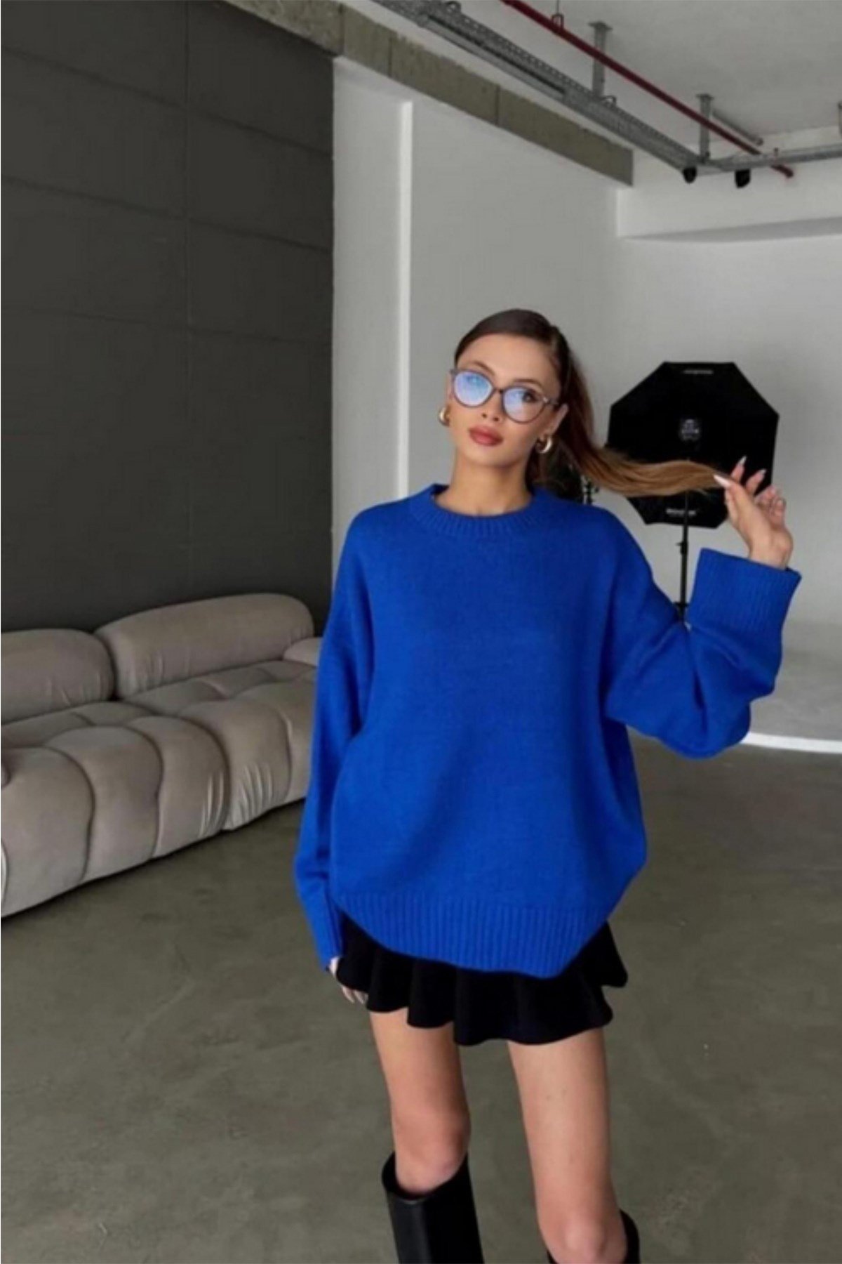 Saks Mavi Bisiklet Yaka Oversize Kadın Triko Kazak