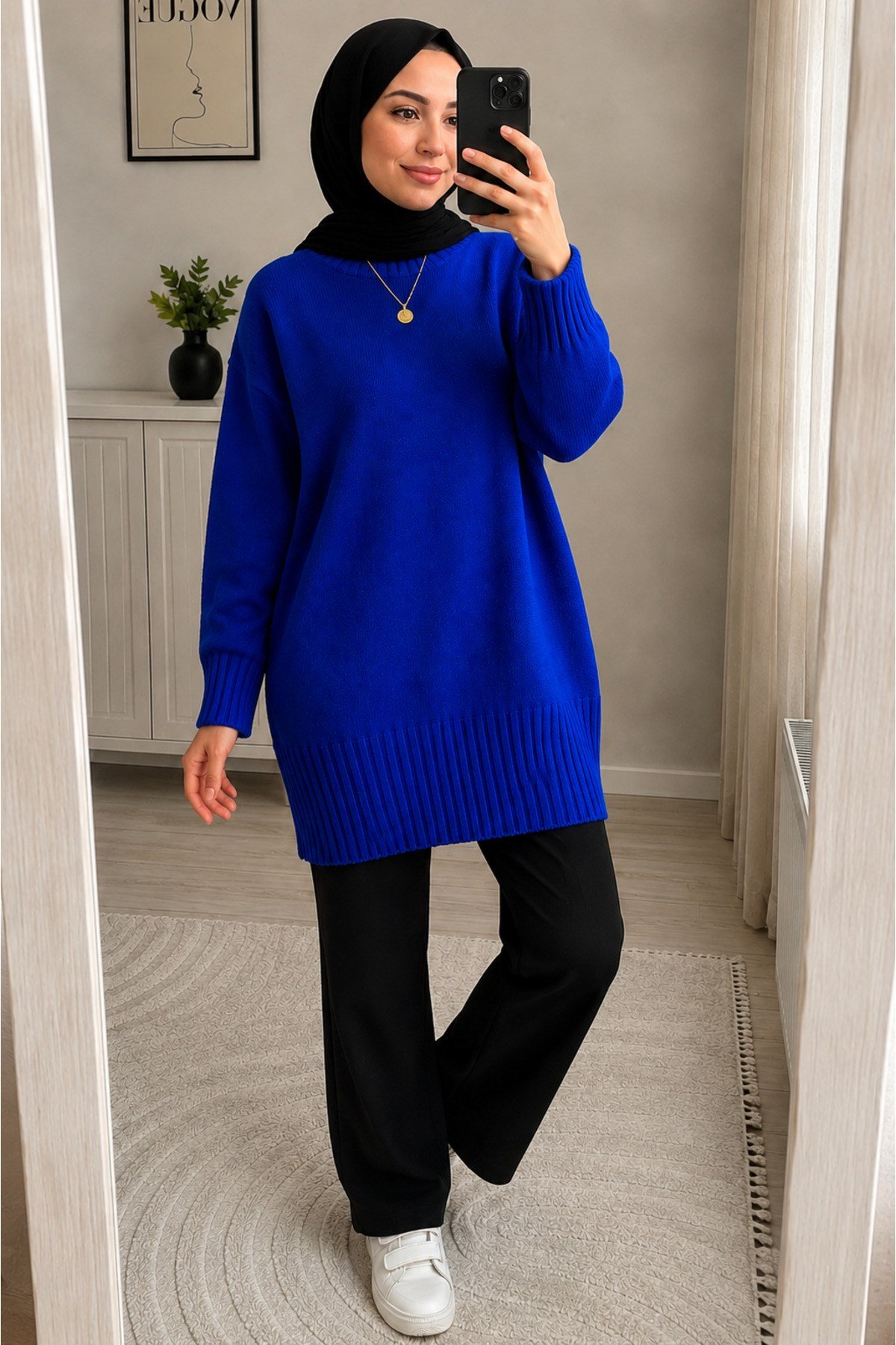 Saks Mavi Bisiklet Yaka Oversize Kadın Triko Kazak Tunik