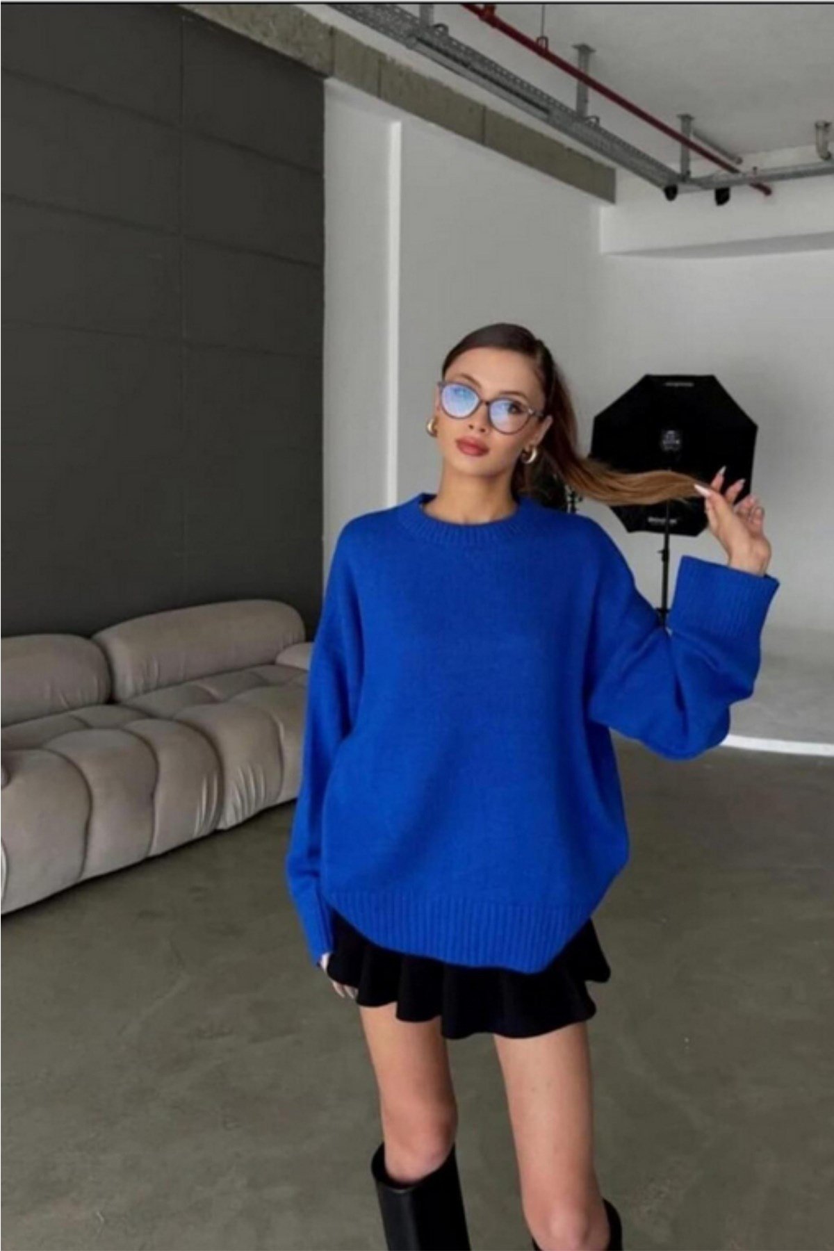 Saks Mavi Bisiklet Yaka Oversize Kadın Triko Kazak