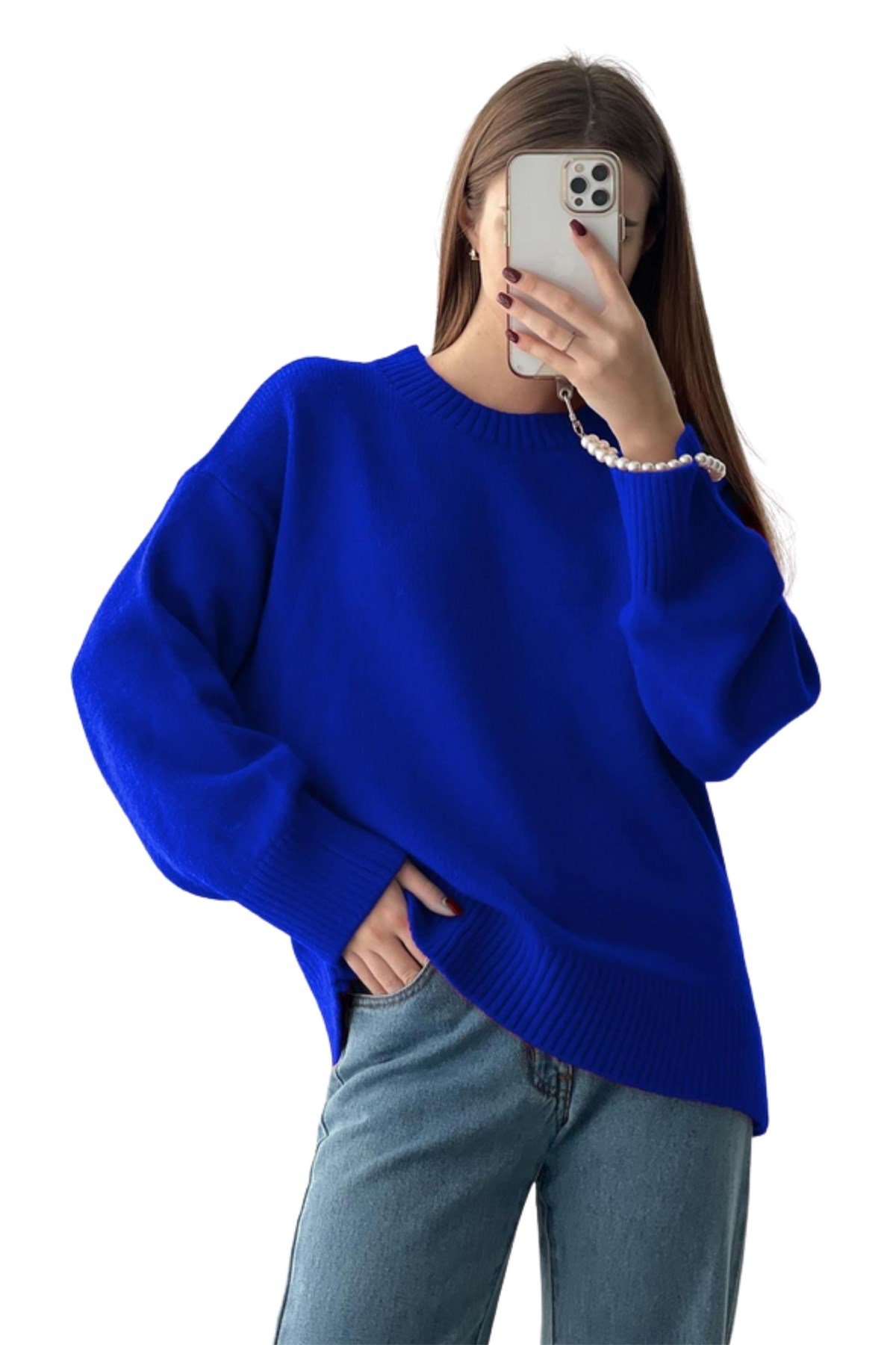Saks Mavi Bisiklet Yaka Oversize Kadın Triko Kazak