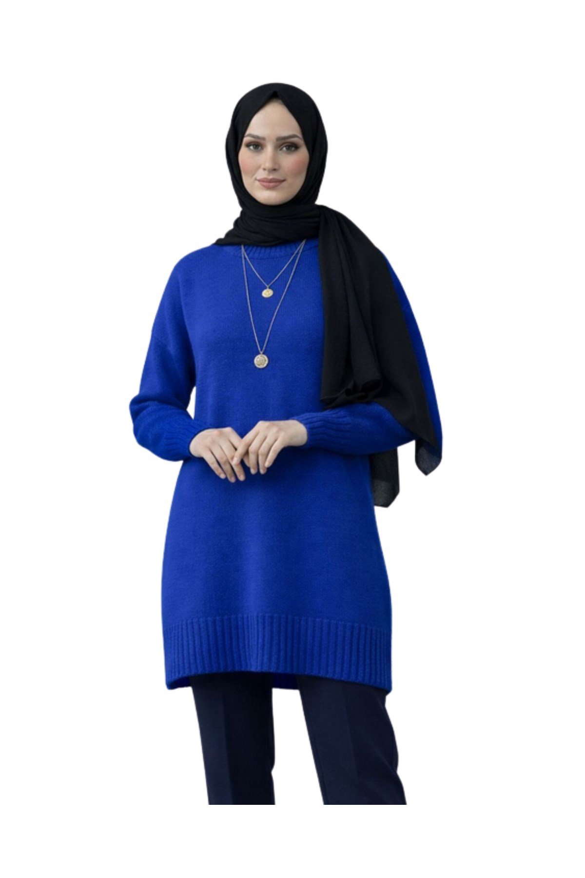 Saks Mavi Bisiklet Yaka Oversize Kadın Triko Kazak Tunik