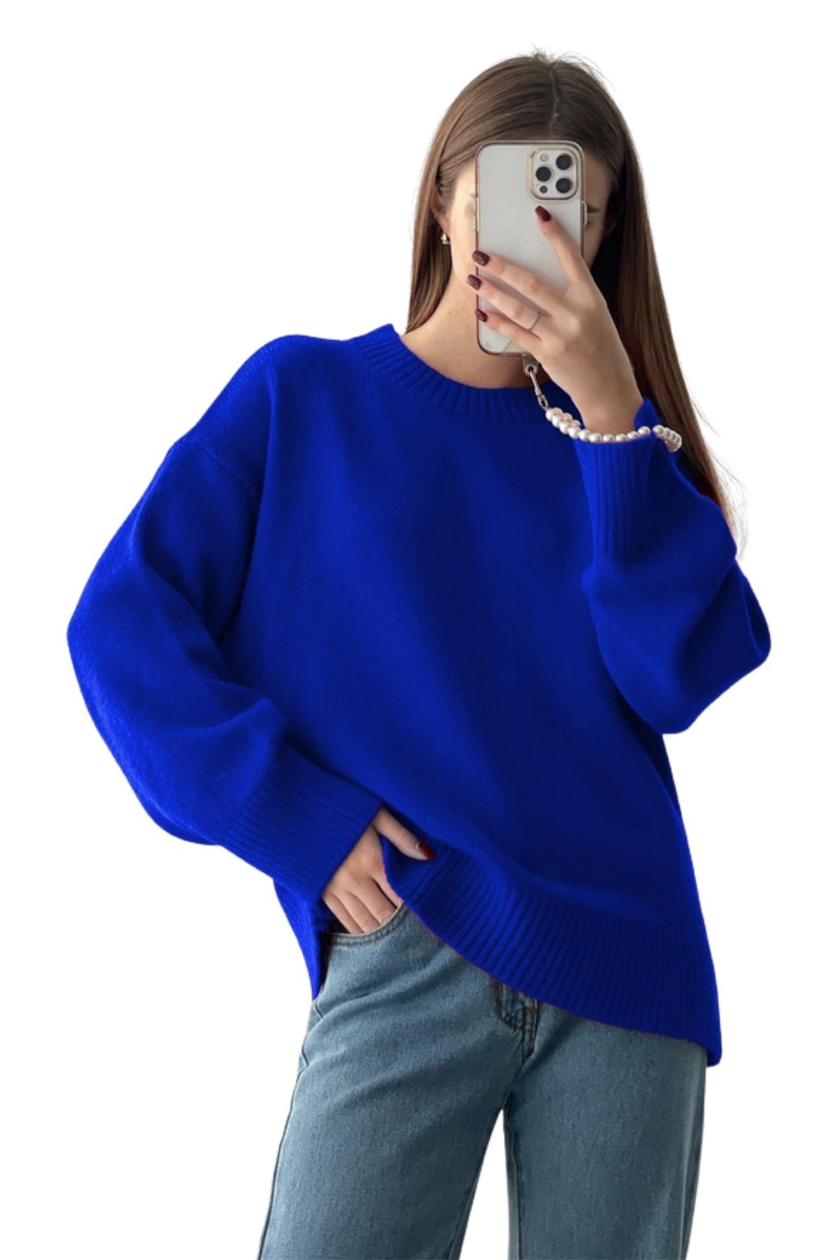 Saks Mavi Bisiklet Yaka Oversize Kadın Triko Kazak