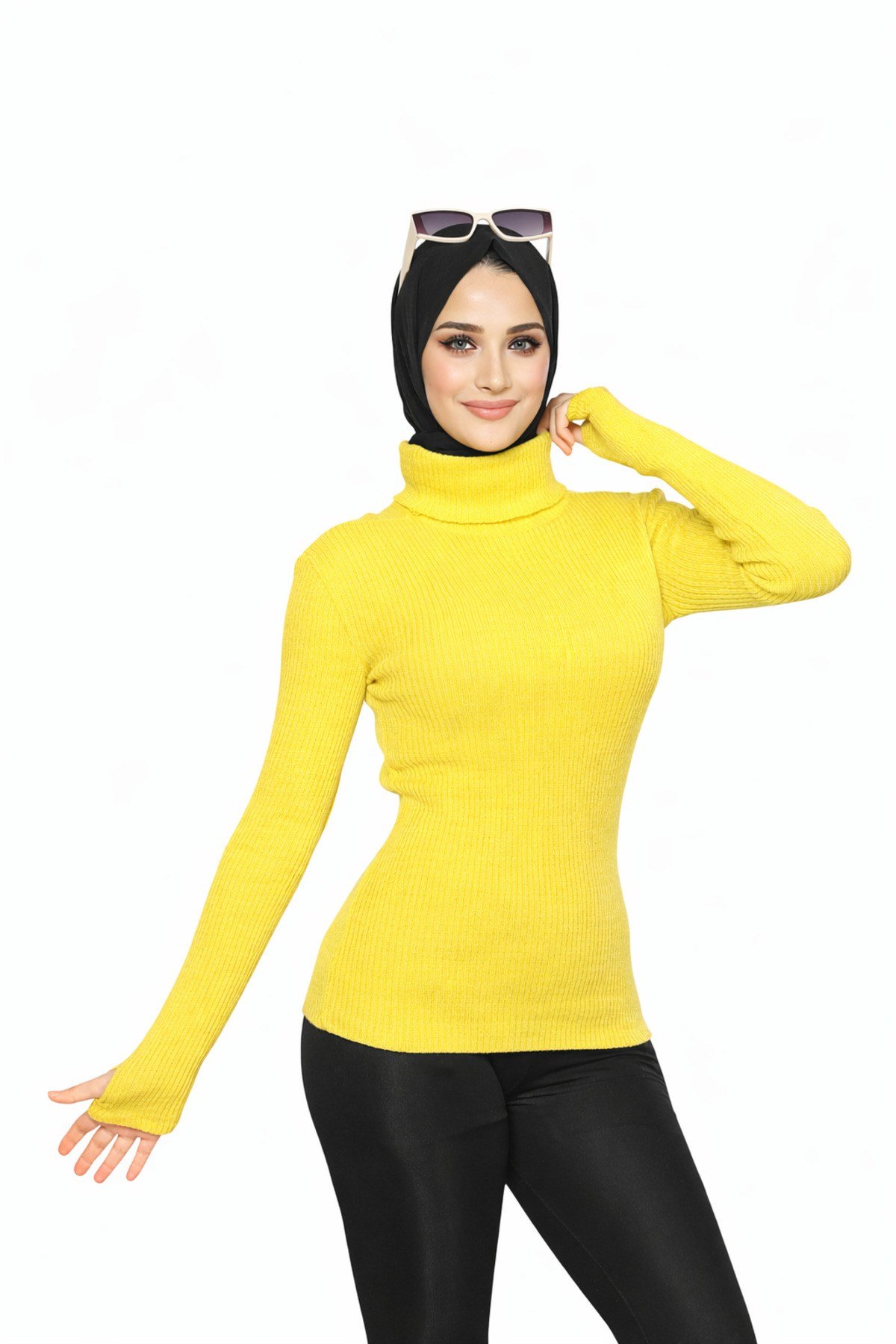 Sarı Balıkçı Yaka Parmak Detaylı Premium Kurtarıcı Body Kazak