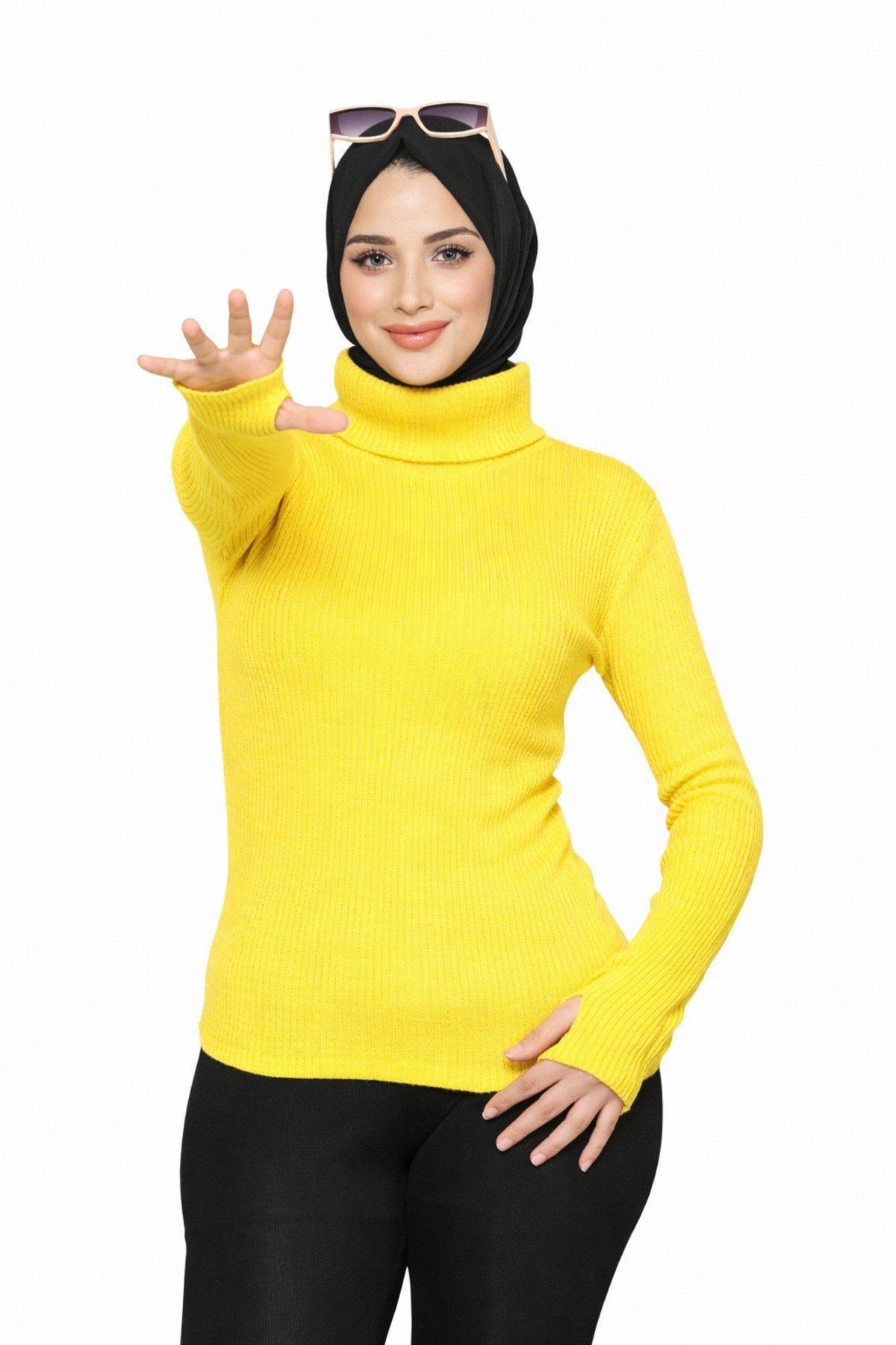 Sarı Balıkçı Yaka Parmak Detaylı Premium Kurtarıcı Body Kazak