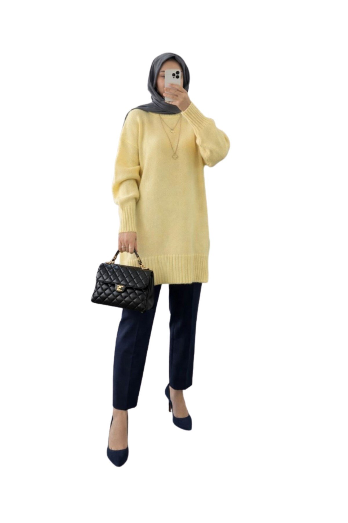 Sarı Bisiklet Yaka Oversize Triko Kazak Tunik