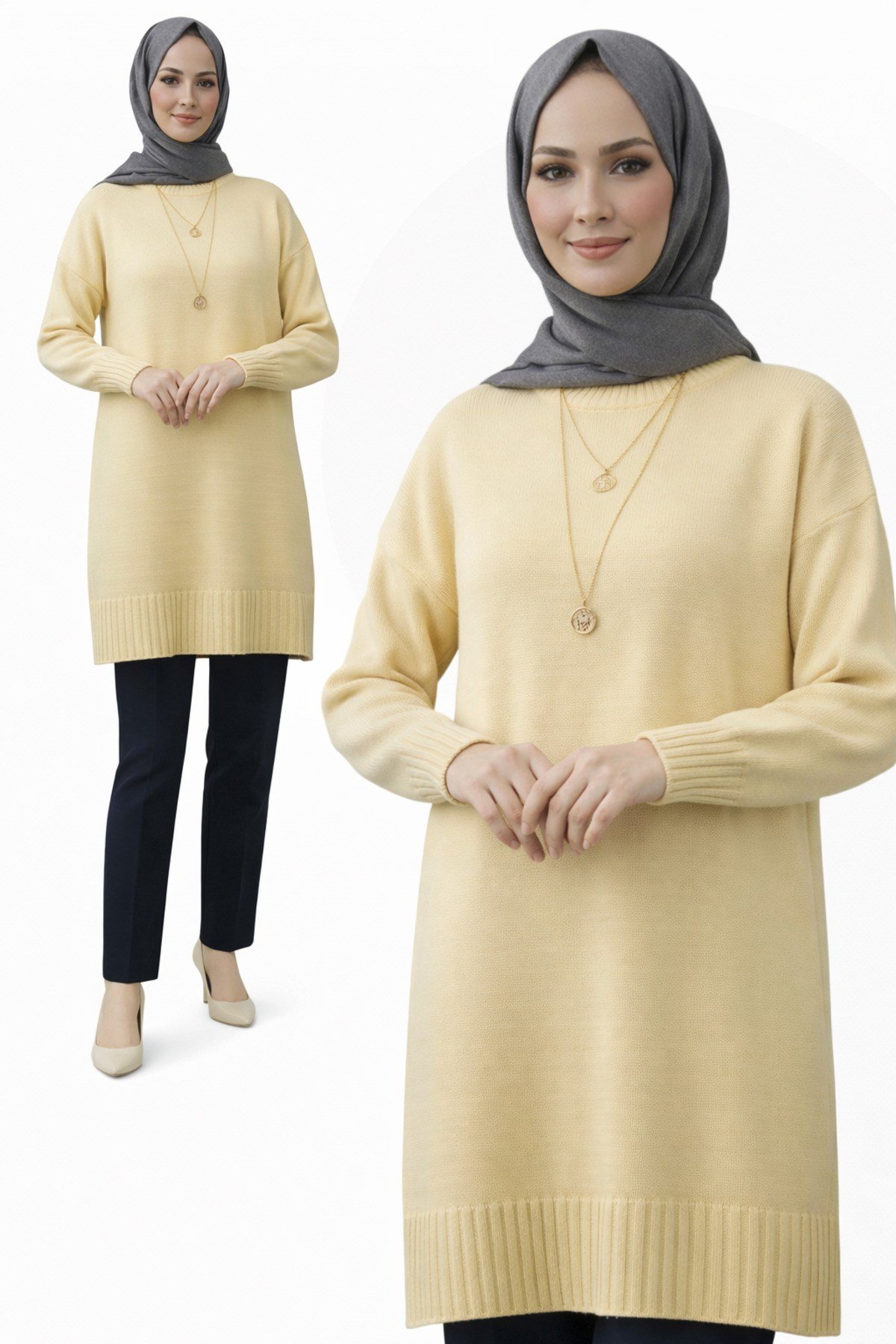 Sarı Bisiklet Yaka Oversize Triko Kazak Tunik