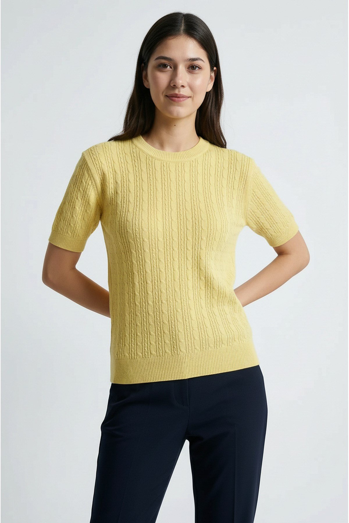 Sarı Kısa Kollu Bisiklet Yaka Slim Fit Kadın Kazak
