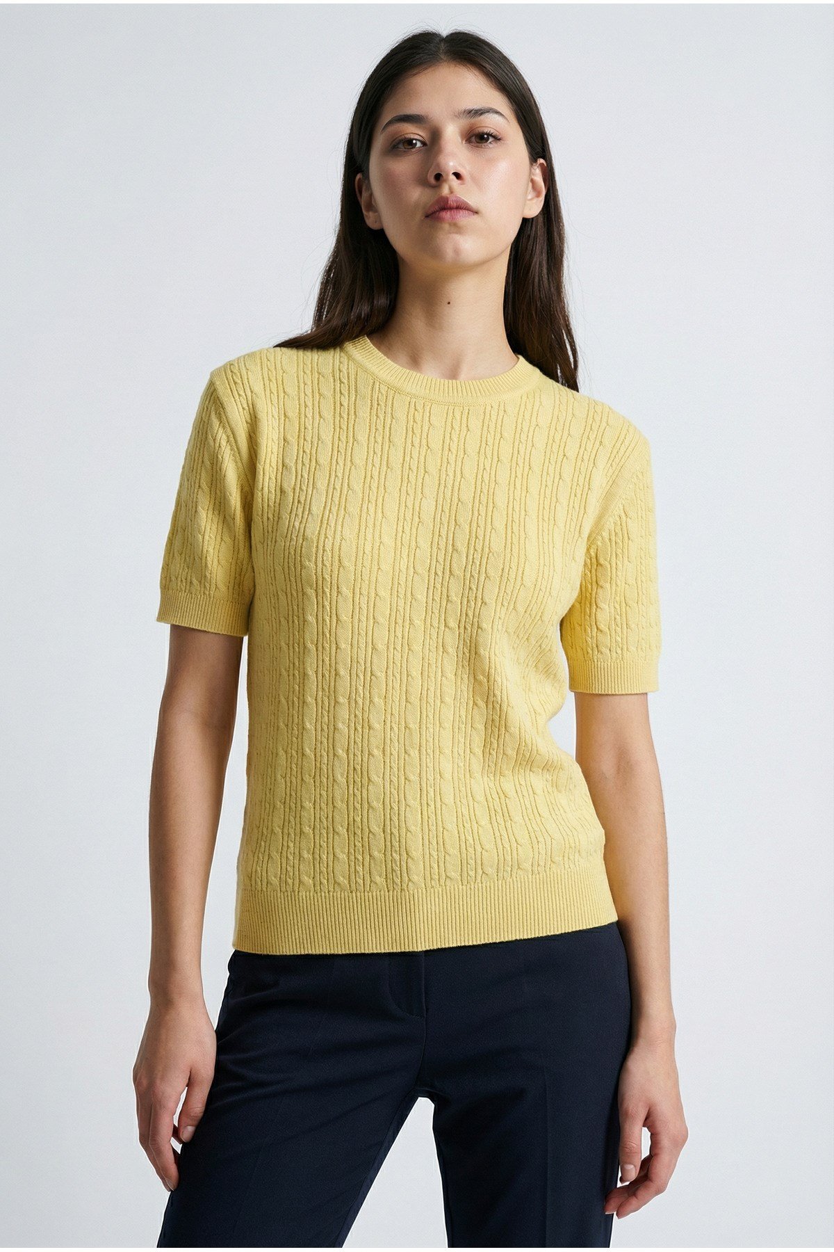 Sarı Kısa Kollu Bisiklet Yaka Slim Fit Kadın Kazak