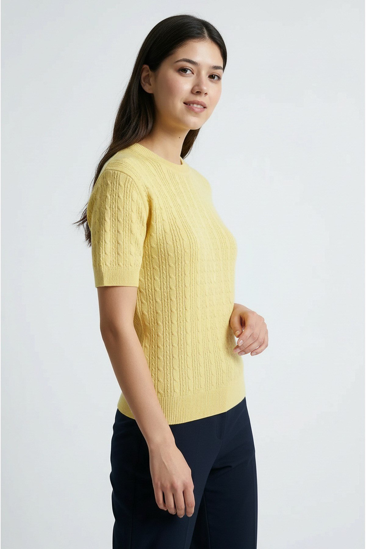 Sarı Kısa Kollu Bisiklet Yaka Slim Fit Kadın Kazak