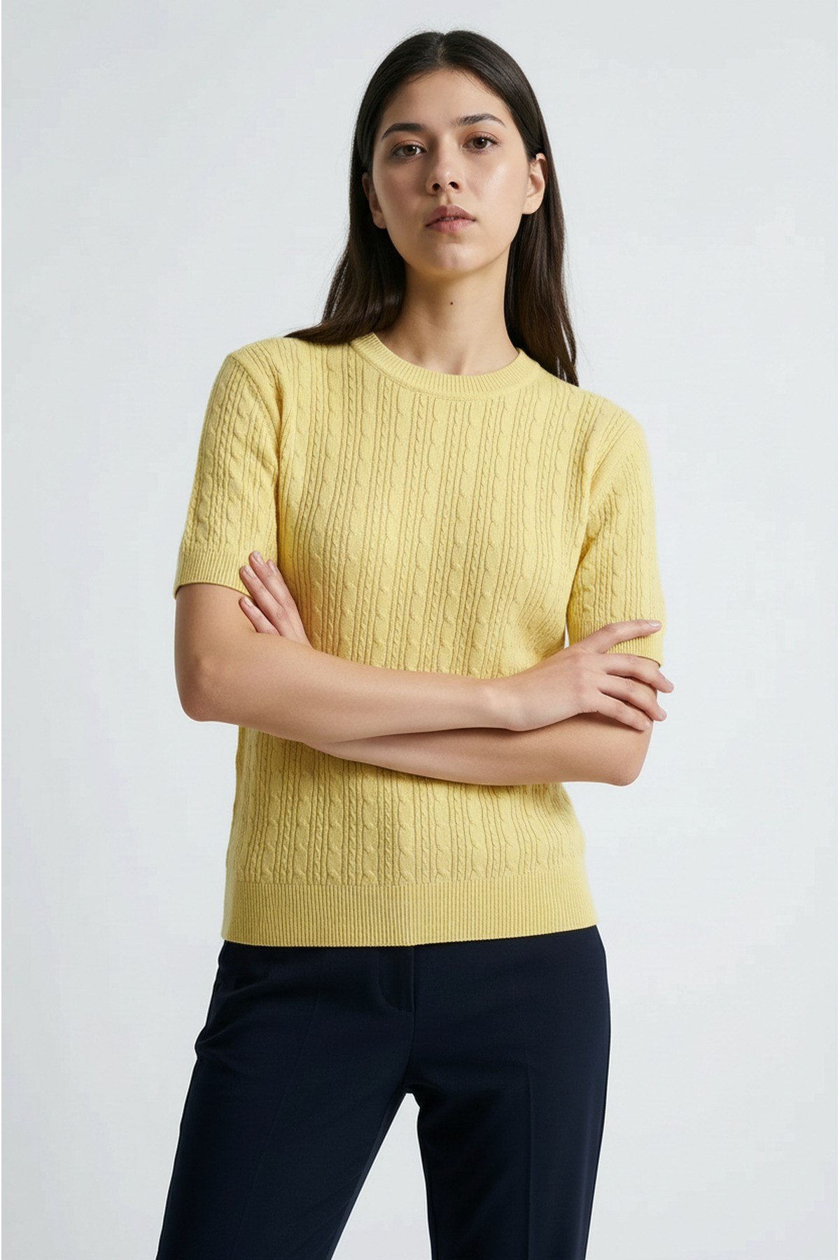 Sarı Kısa Kollu Bisiklet Yaka Slim Fit Kadın Kazak