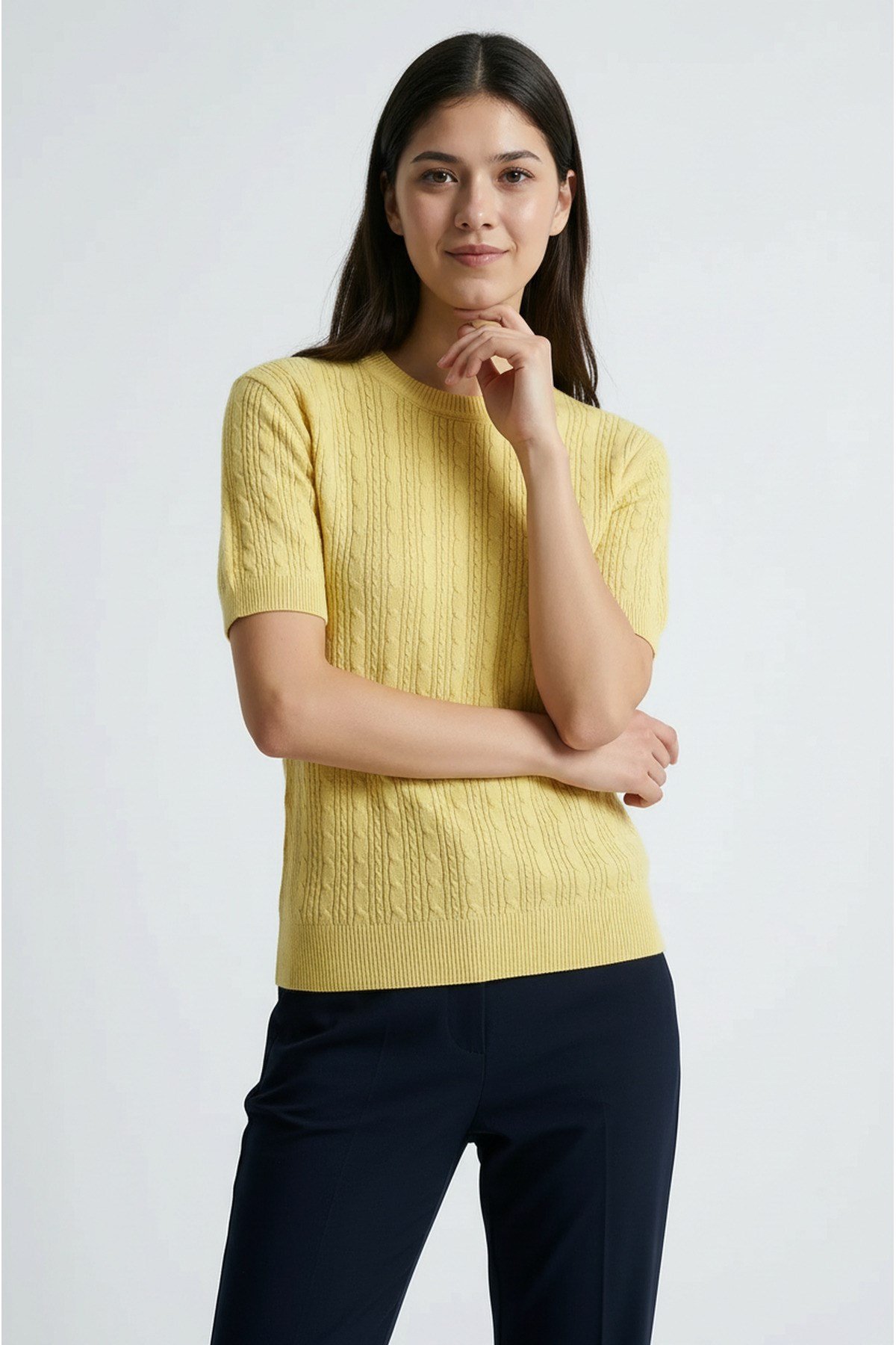 Sarı Kısa Kollu Bisiklet Yaka Slim Fit Kadın Kazak