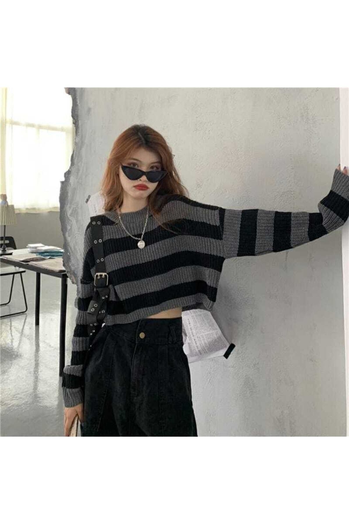 Selanik Örgü Oversize Crop Kadın Kazak