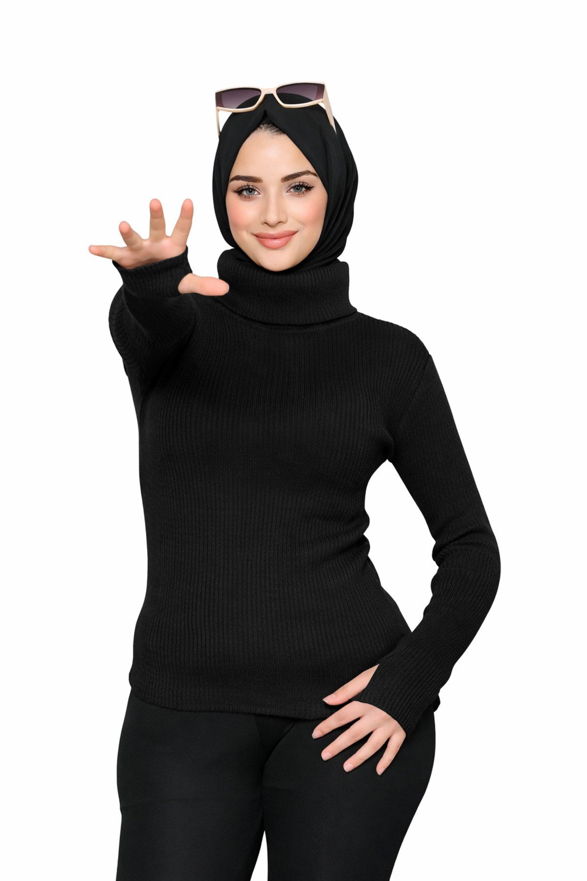 Siyah Balıkçı Yaka Parmak Detaylı Premium Kurtarıcı Body Kazak