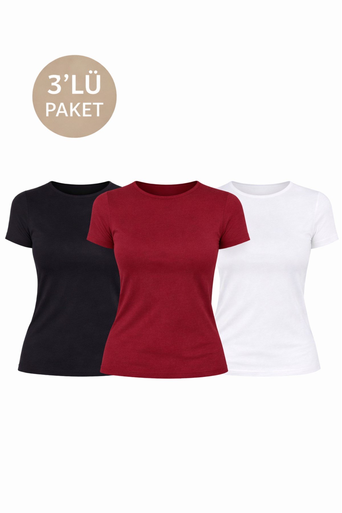 Siyah Beyaz Bordo Üçlü Bisiklet Yaka Basic Ultra Soft Kadın Kısa Kol Body
